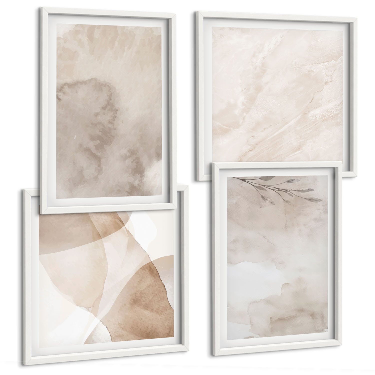 Tulup Mehrteilige Bilder Gerahmte Bilder im 4er-Set – Aquarellfarben im Boho-Stil, Boho-Textur-Aquarellfarben, Beige
