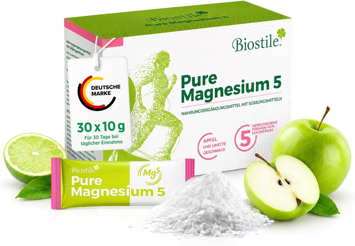 Biostile Magnesium Pulver mit 5 Magnesiumformen für Energie, Muskeln, Knochen - Beutel, 126 g, Mit Citrat, Bisglycinat, Malat, Gluconat und Succinat, 30 Beutel