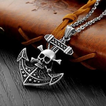KARMA Kette mit Anhänger Herrenkette Edelstahl Anker Totenkopf silber (Herrenschmuck Halskette), Herrenhalskette modern Kreuzkette