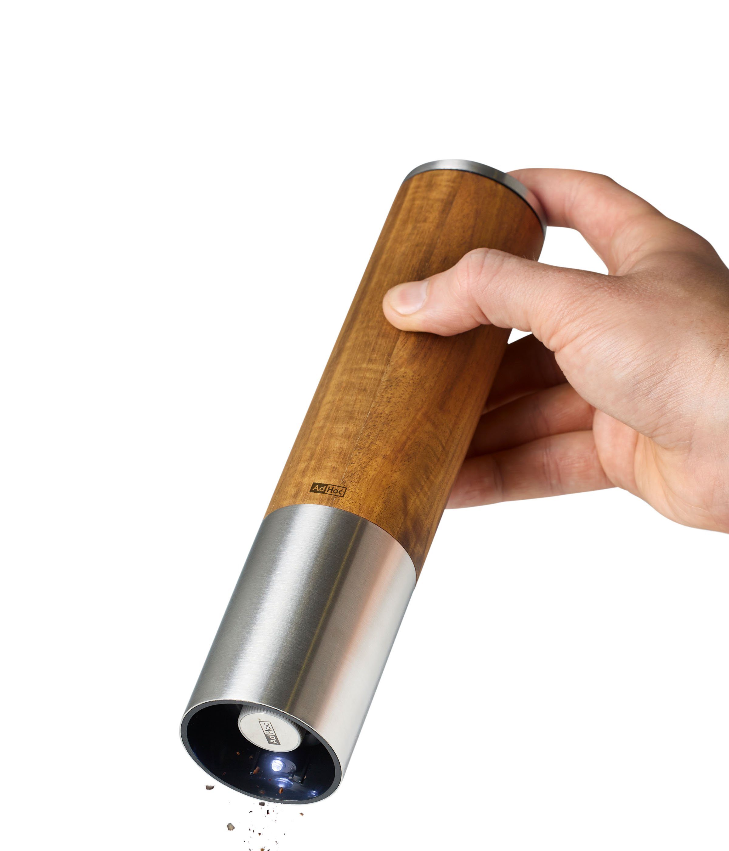 AdHoc Salz-/Pfeffermühle eMill.5 elektrisch, (1 Stück), Hochwertiges Keramik-Mahlwerk, Gehäuse aus Holz & Edelstahl, LED-Licht