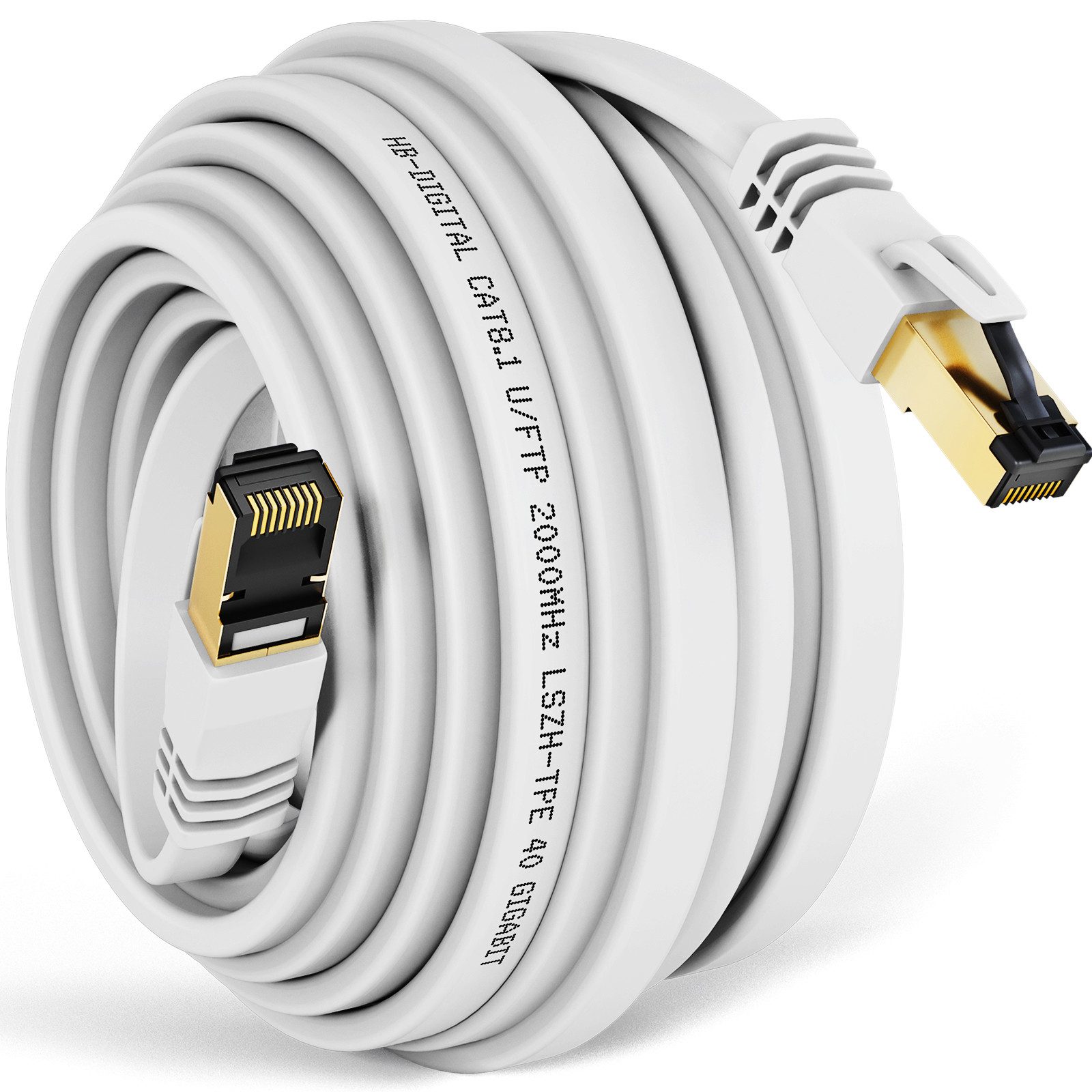 HB-DIGITAL Patchkabel CAT 8.1 U/FTP (LSZH) WEISS 10m Netzwerkkabel, A - RJ45 Stecker, B - RJ45 Stecker (8P8C), (1000 cm), Flachkabel ideal für schwer zugängliche Stellen