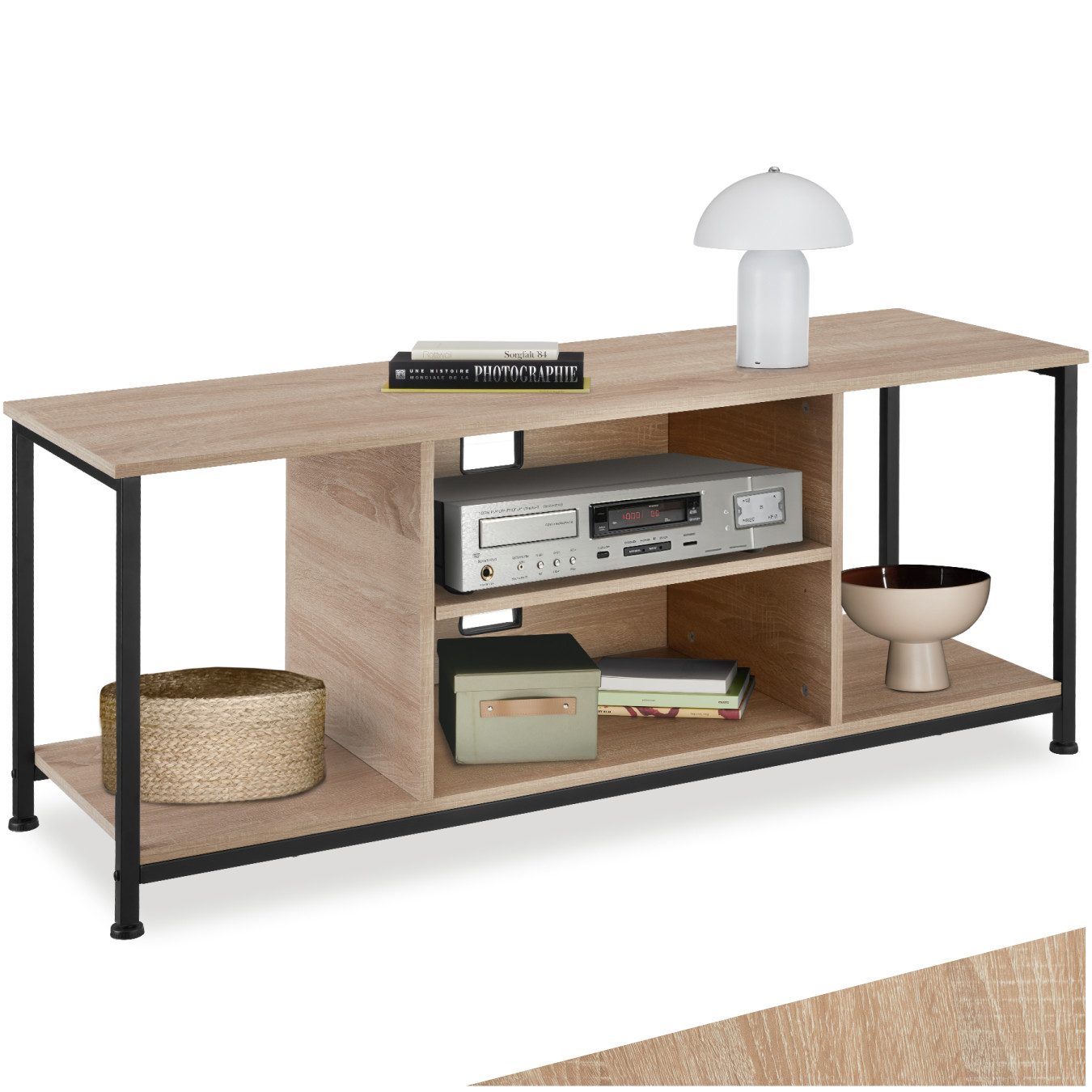 tectake Lowboard TV-Schrank, 120 x 40 x 50,5 cm, höhenverstellbare Kunststofffüße (Fernsehboard Denver, in Industrial Holz hell, Eiche Sonoma), Holz und Stahl, verstellbarer Einlegeboden und Kabelaussparungen
