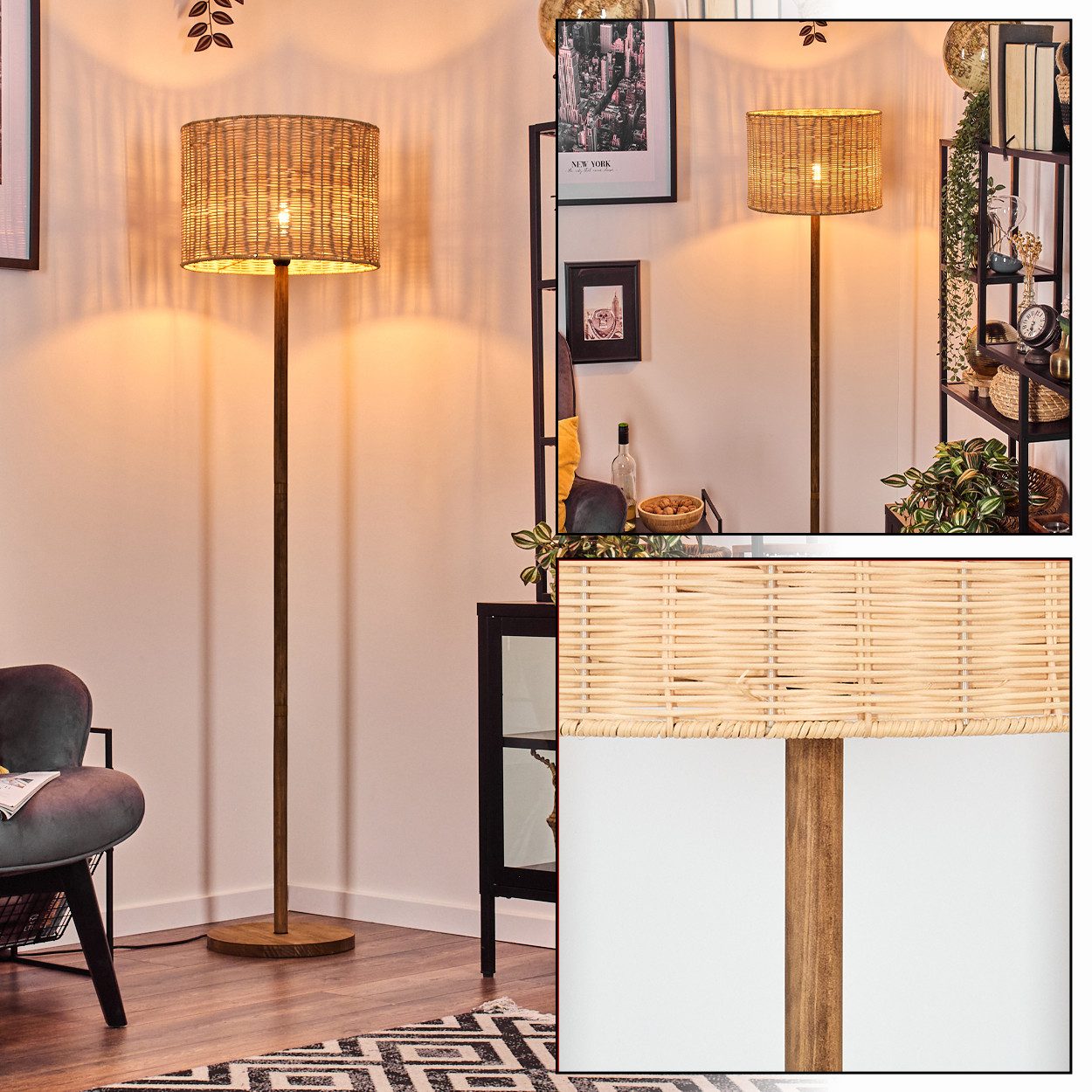 hofstein Stehlampe skandinavische Stehlampe aus Holz/Metall/Rattan in Naturfarben/Schwarz, ohne Leuchtmittel