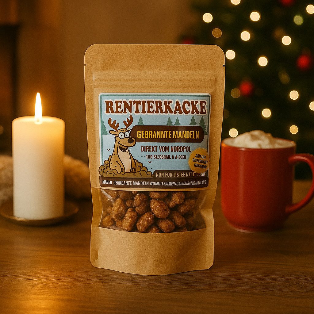 Deggelbam Nüsse Rentierkacke - Gebrannte Mandeln, 1 x 100 g, (Wichtelgeschenk, Weihnachtsgeschenk, Nikolausgeschenk), Witzige Geschenkidee für groß und klein