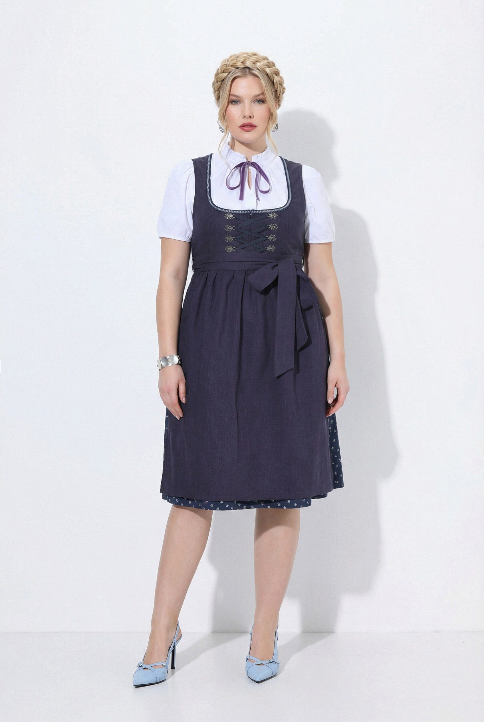 Ulla Popken Dirndl Leinenmix-Dirndl Blüten Carré-Ausschnitt Schnürung