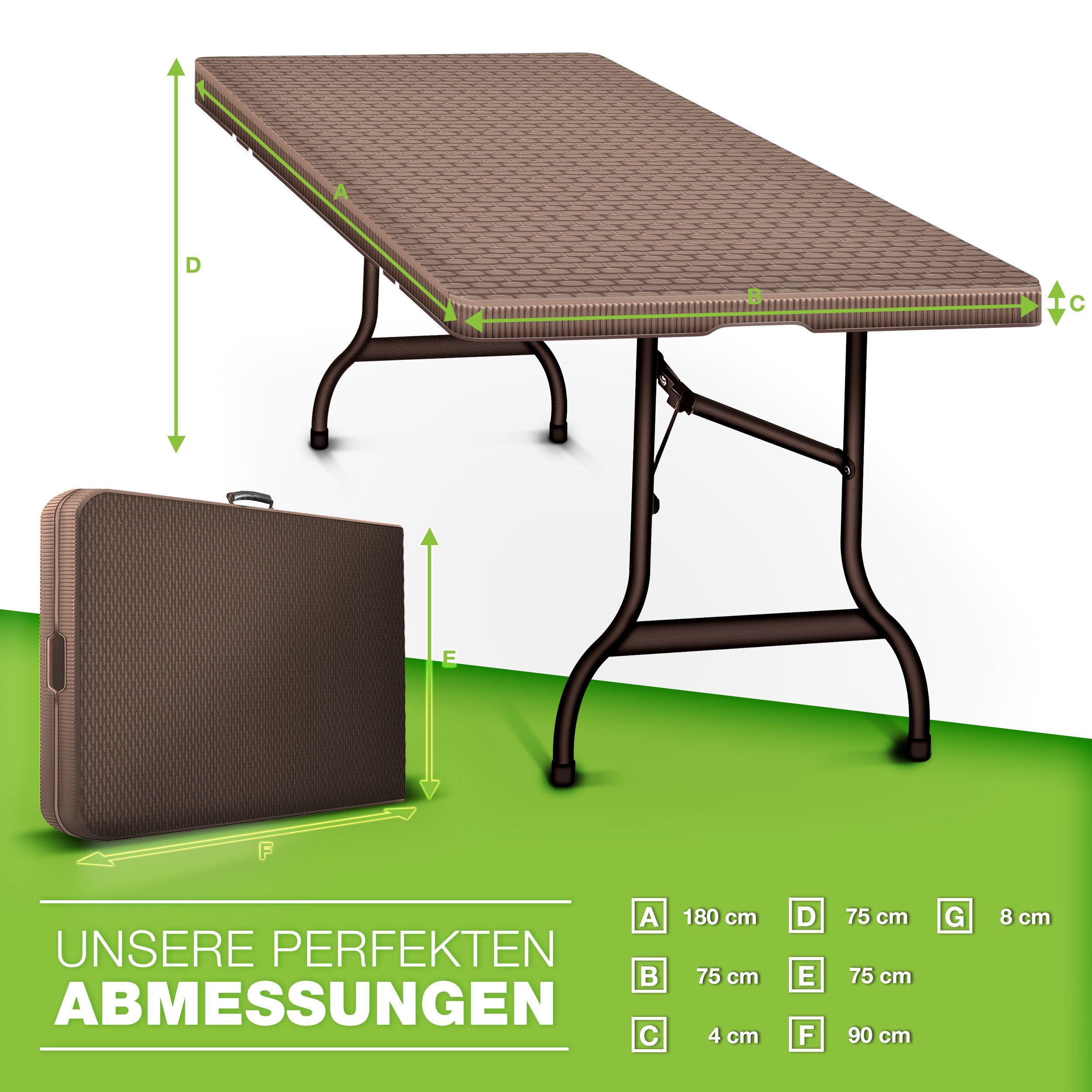 Optik Gartentisch Garten Terrasse (Buffettisch 180x75cm und für 6 Personen) tillvex Braun Balkon, Klapptisch mit Tragegriff Rattan klappbar Campingtisch