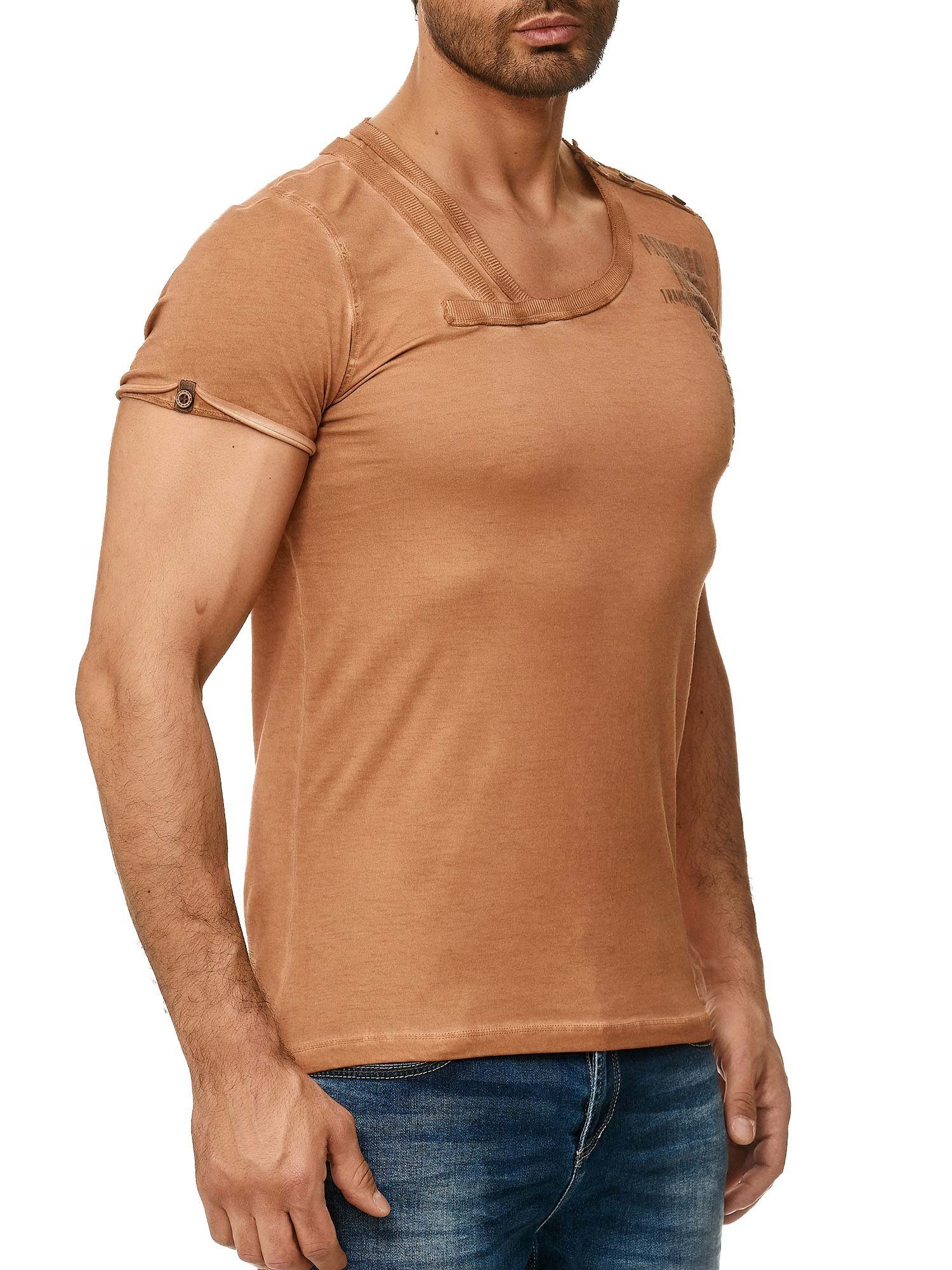 der Schulter T-Shirt Tazzio Ölwaschung und Knopfleiste Kragen in trendiger 4022 camel stylischem mit an