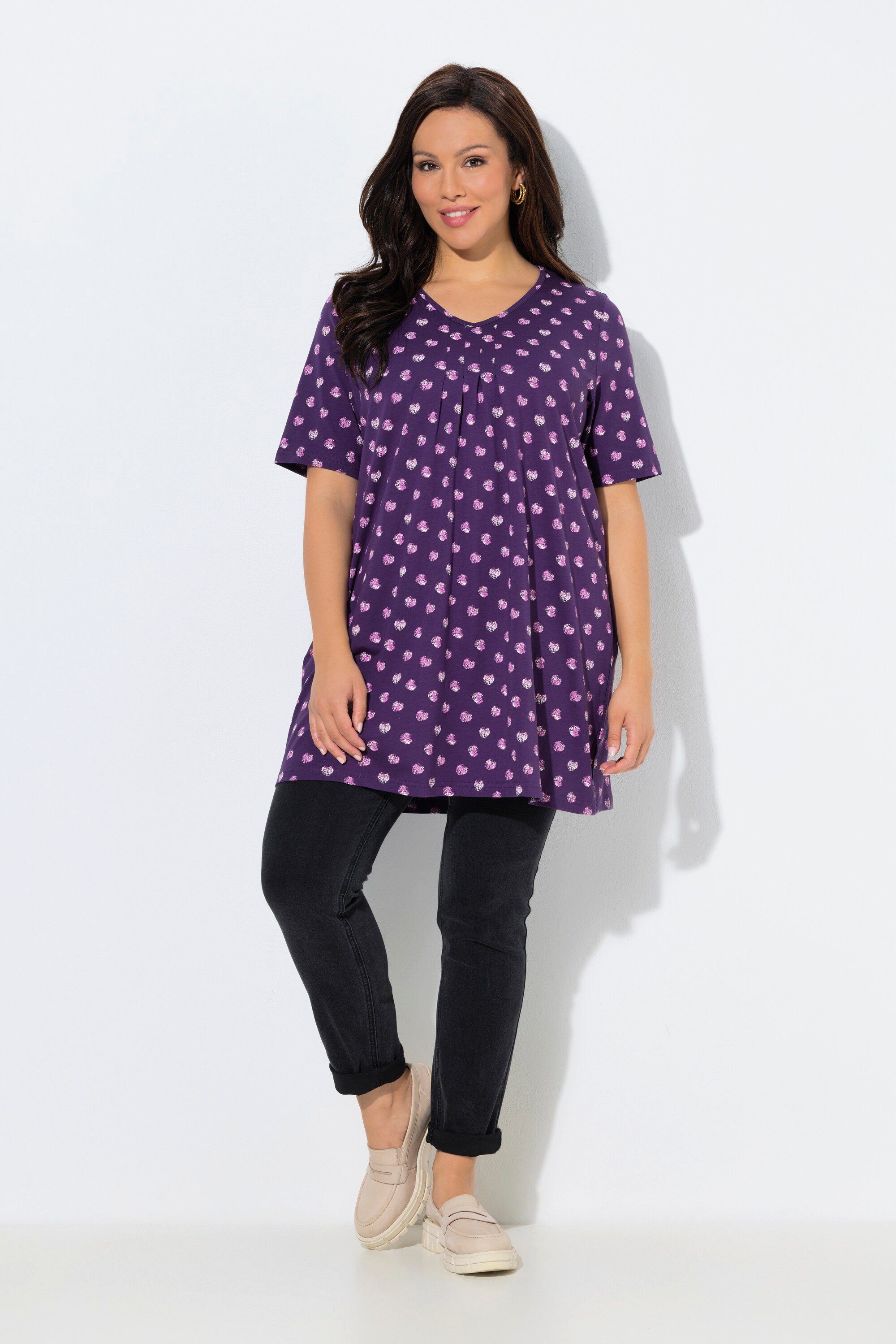 Ulla Popken T-Shirt T-Shirt Zierfalten A-Linie V-Ausschnitt Halbarm