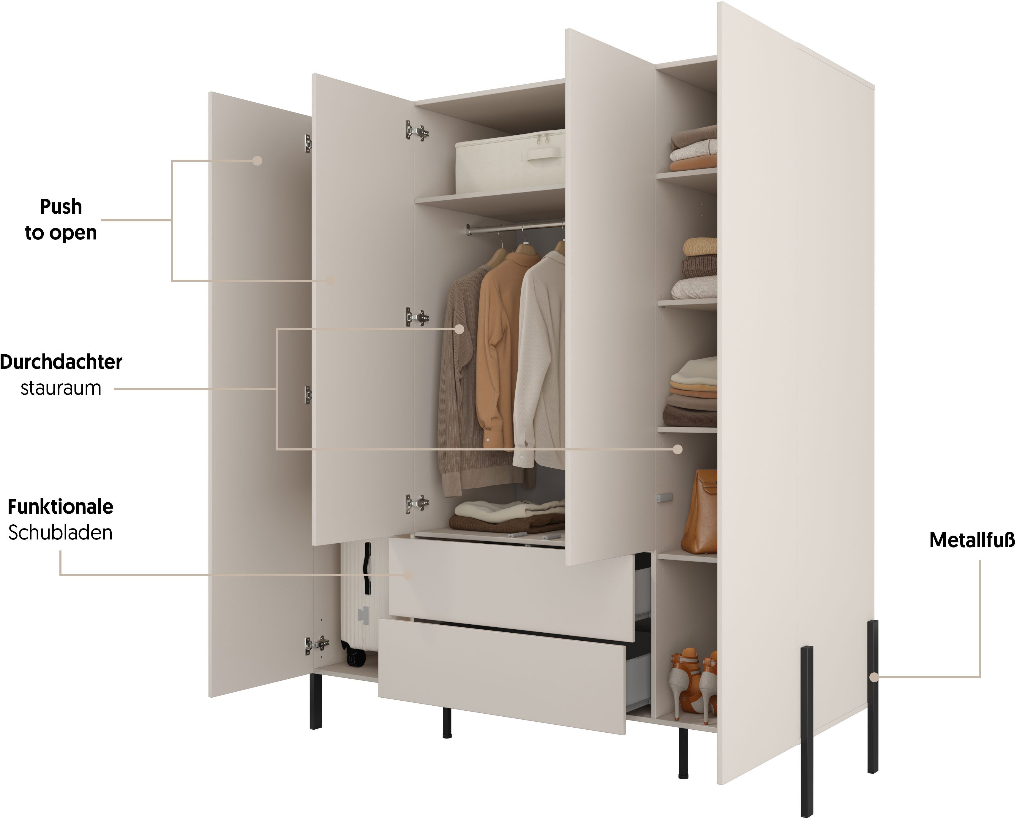 OTTO home Kleiderschrank Jukon, moderner Kleiderschrank mit Metallfüßen (B/H/T 3-Türer: ca. 135/210/60 4-Türer ca: 180/210/60) Drehtürenschrank 4 Türen/2 Schubkästen, push to open Funktion