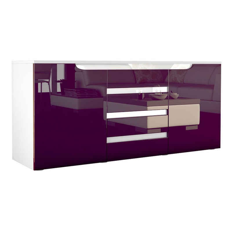 Vladon Sideboard Sylt (Kommode, mit 2 Türen und 4 Schubladen), Weiß matt/Brombeer Hochglanz/Weiß Hochglanz (139 x 72 x 35)