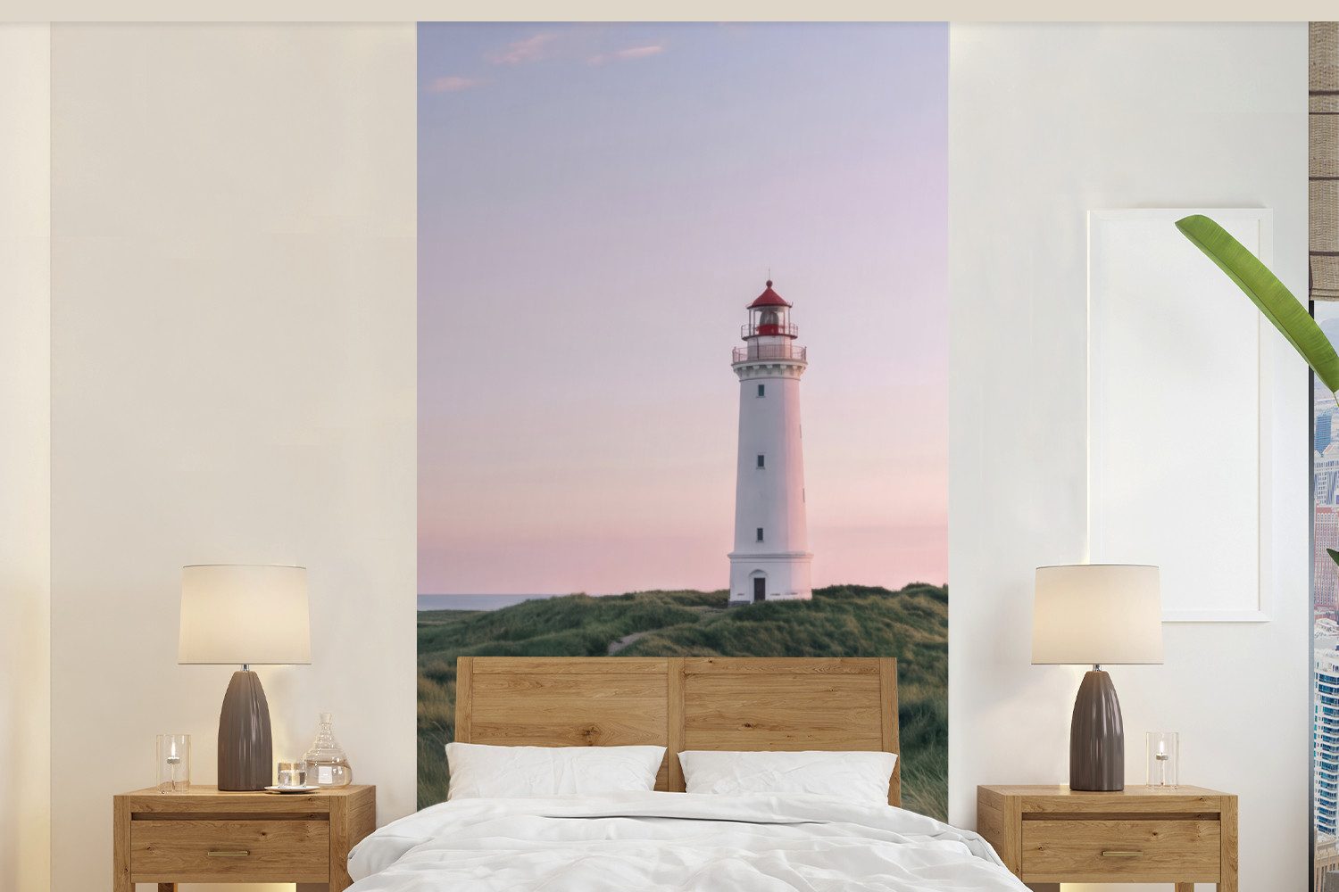 MuchoWow Fototapete Leuchtturm - Dünenlandschaft - Meer, Matt, bedruckt, Vliestapete für Wohnzimmer Schlafzimmer Küche, Fototapete, 120x240 cm