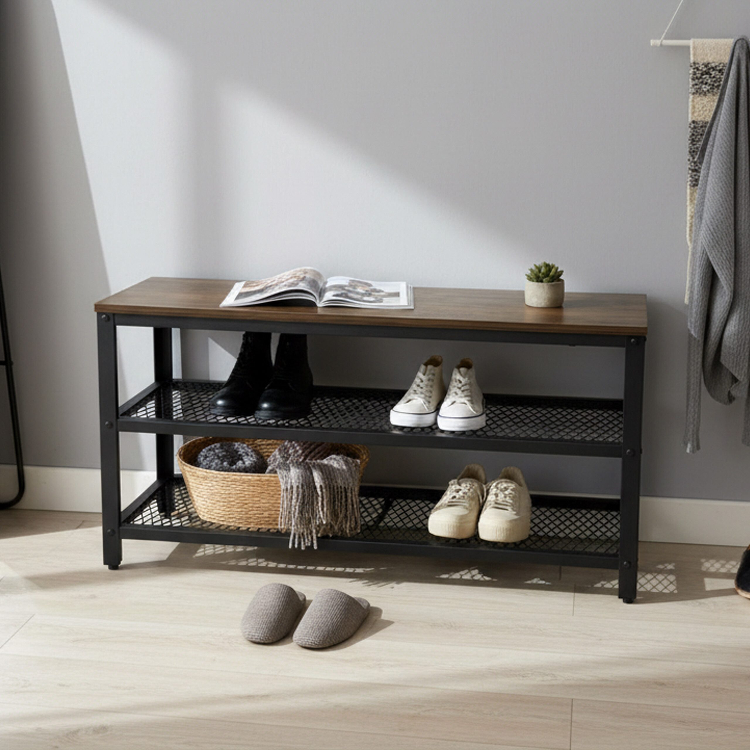 relaxdays Schuhregal Schuhbank mit 2 Schuhablagen, Schwarz-Braun günstig online kaufen