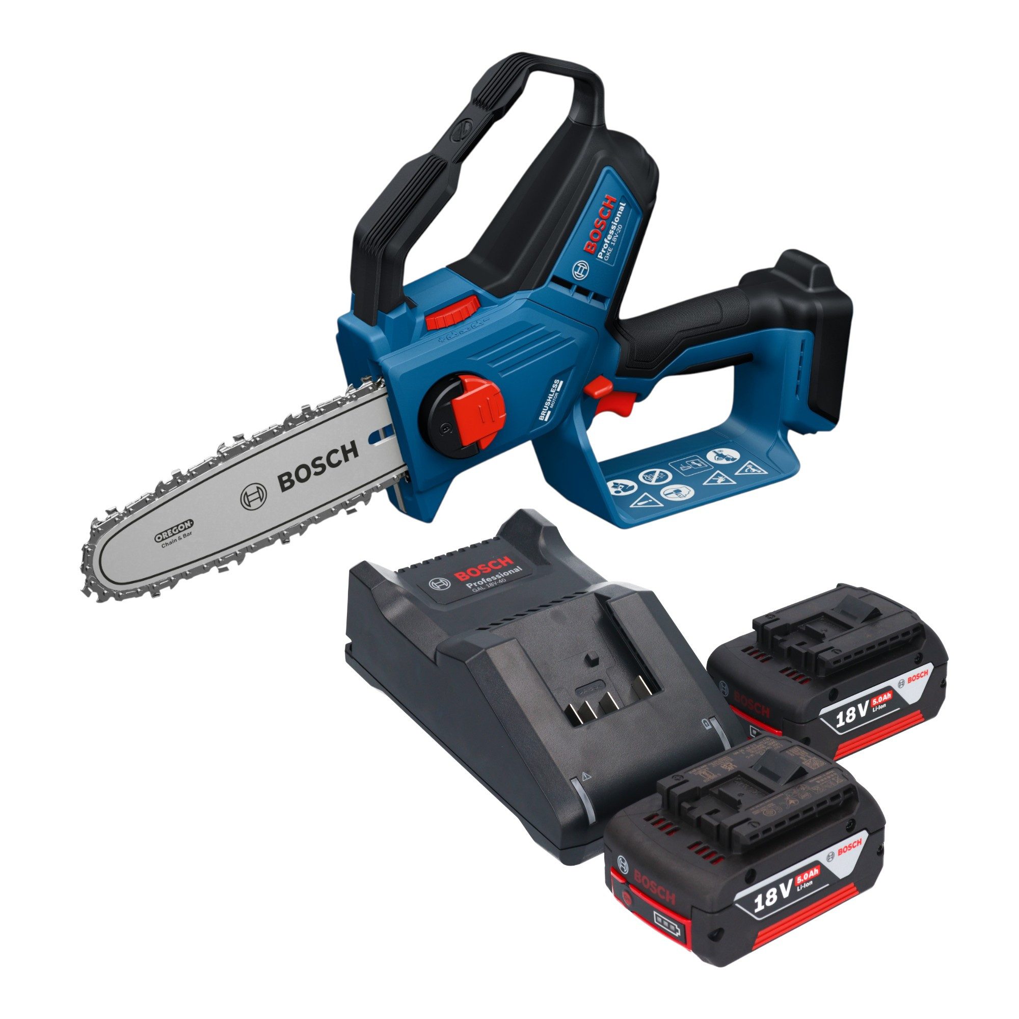 Bosch Professional Benzin-Kettensäge GKE 18V-20 Professional 18 V 18 cm + 2x Akku 5,0 Ah + Ladegerät