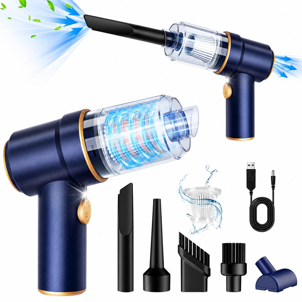 Alpha Electronics Handstaubsauger 3in1 Akku Staubsauger mit Beleuchtung, 120 W, mit Beutel, 5 Aufsätze + Ladekabel, Saug- & Ausblasfunktion