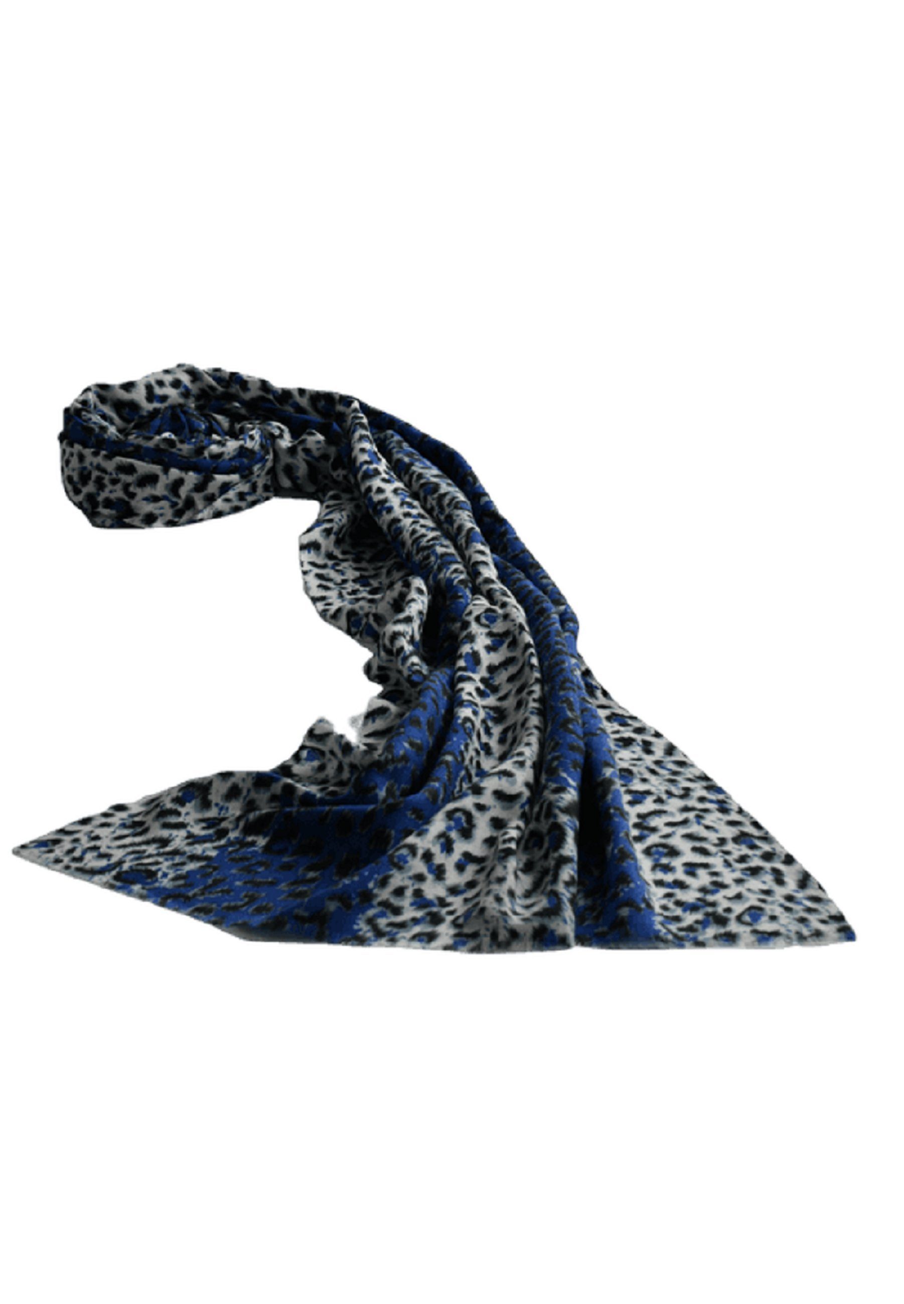 Leopardendruck, mit Schurwollen- Fransen Seidenmix Schal, blau Wollschal Chilli & Blue Home Bedruckter