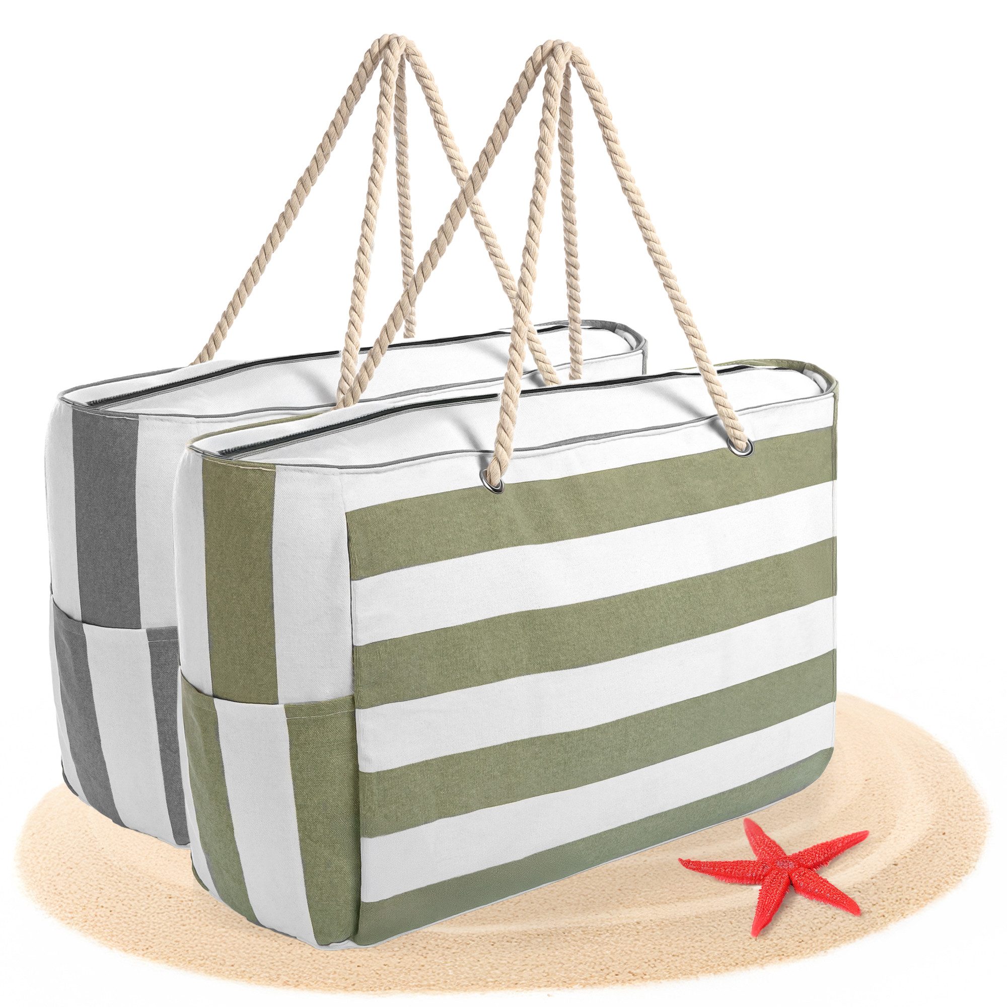 BigDean Strandtasche Badetasche XXL 2 Stück grün & grau weiß große mit Reißverschluss (Set, 2-tlg., Badetaschen), Waschbar, 30°c