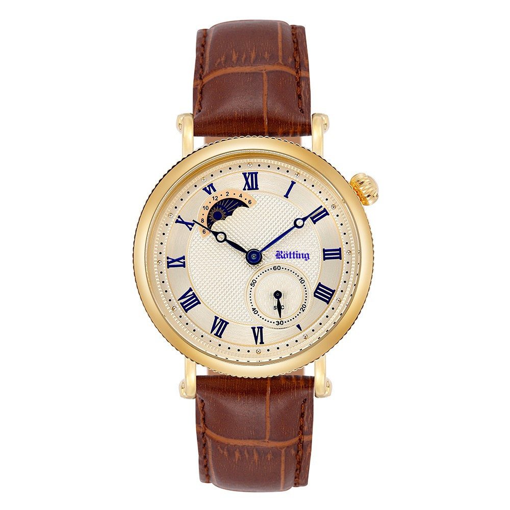 Rötting Design Quarzuhr Herrenuhr goldfarb. Ziffernblatt Tag/Nacht Phasen braunes Lederarmband, Tag / Nacht Phasen Anzeige