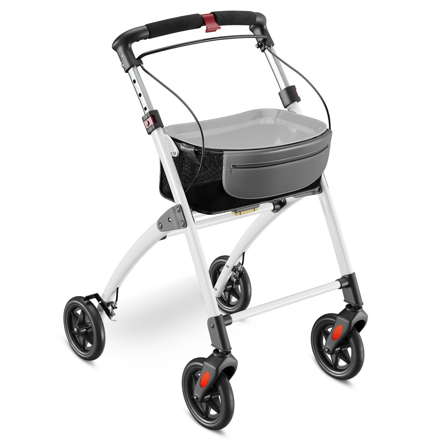 ELONEO Indoor-Rollator Wohnungsrollator inkl. Tablett & Korb für Zuhause, klappbare Gehhilfe, Einhand-Falt-mechanismus, geringes Faltmaß, maximale Sichtbarkeit