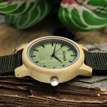 Holzwerk Quarzuhr HERFORD Damen und Herren Textil & Holz Armband Uhr, oliv grün, beige