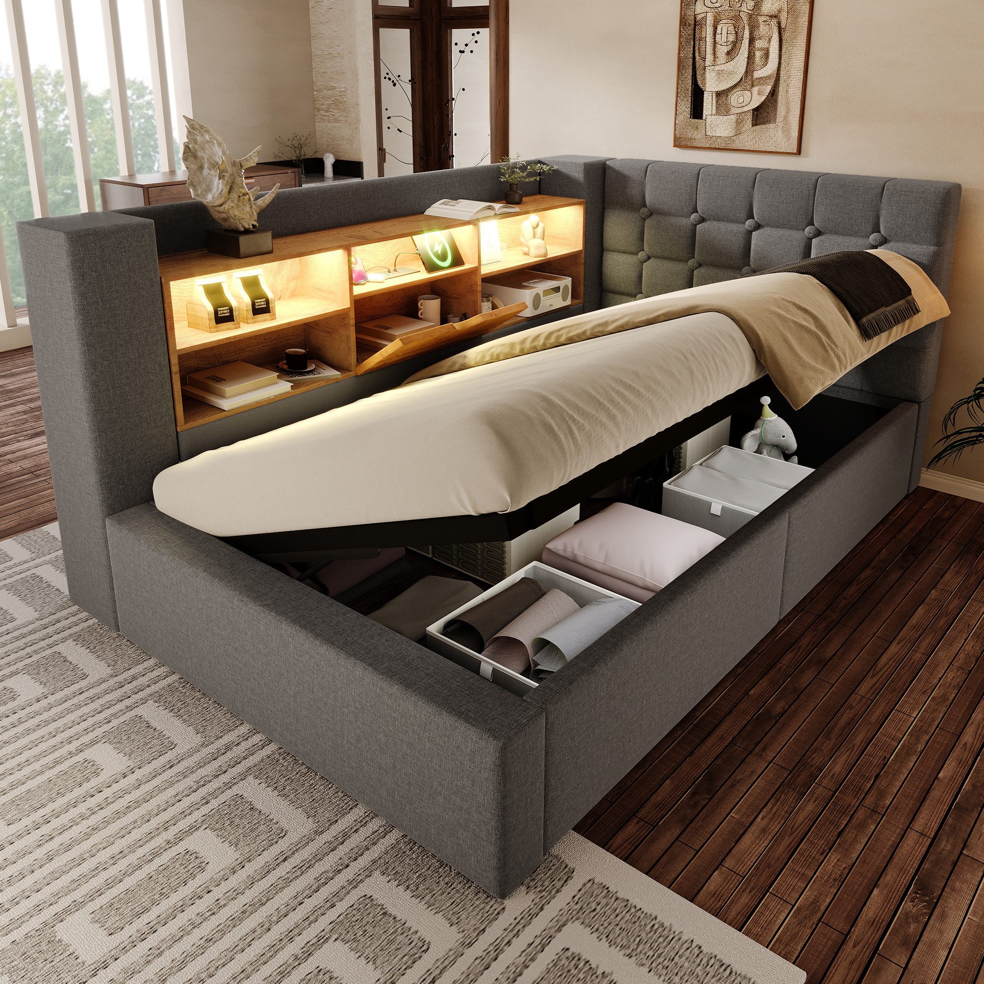 OKWISH Polsterbett Polsterbett 90x200 cm mit Stauraum und LED-Beleuchtung ( günstig online kaufen
