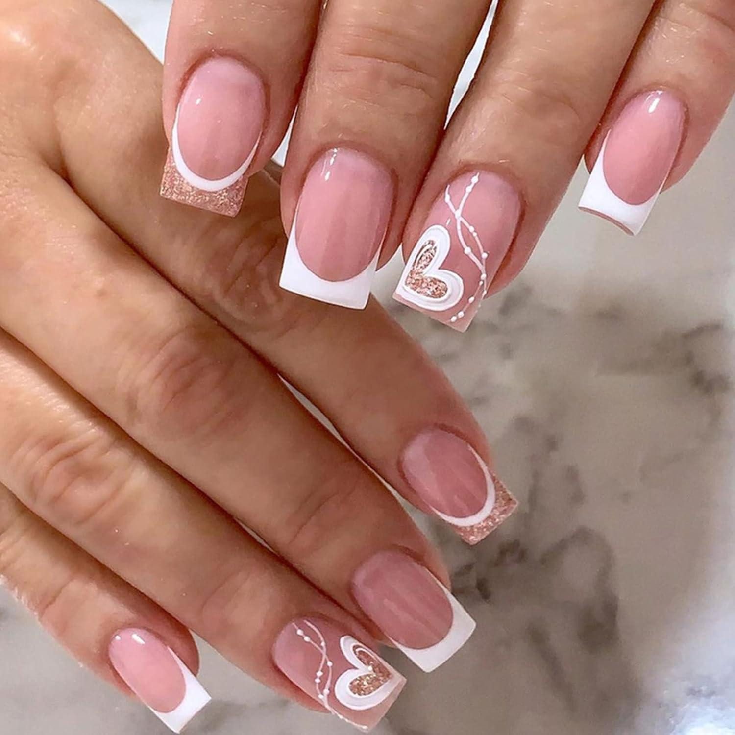 Kunstfingernägel 24 Stück Falsche Nägel Eckig Kurz Rosa Liebe Herz Glitzer French