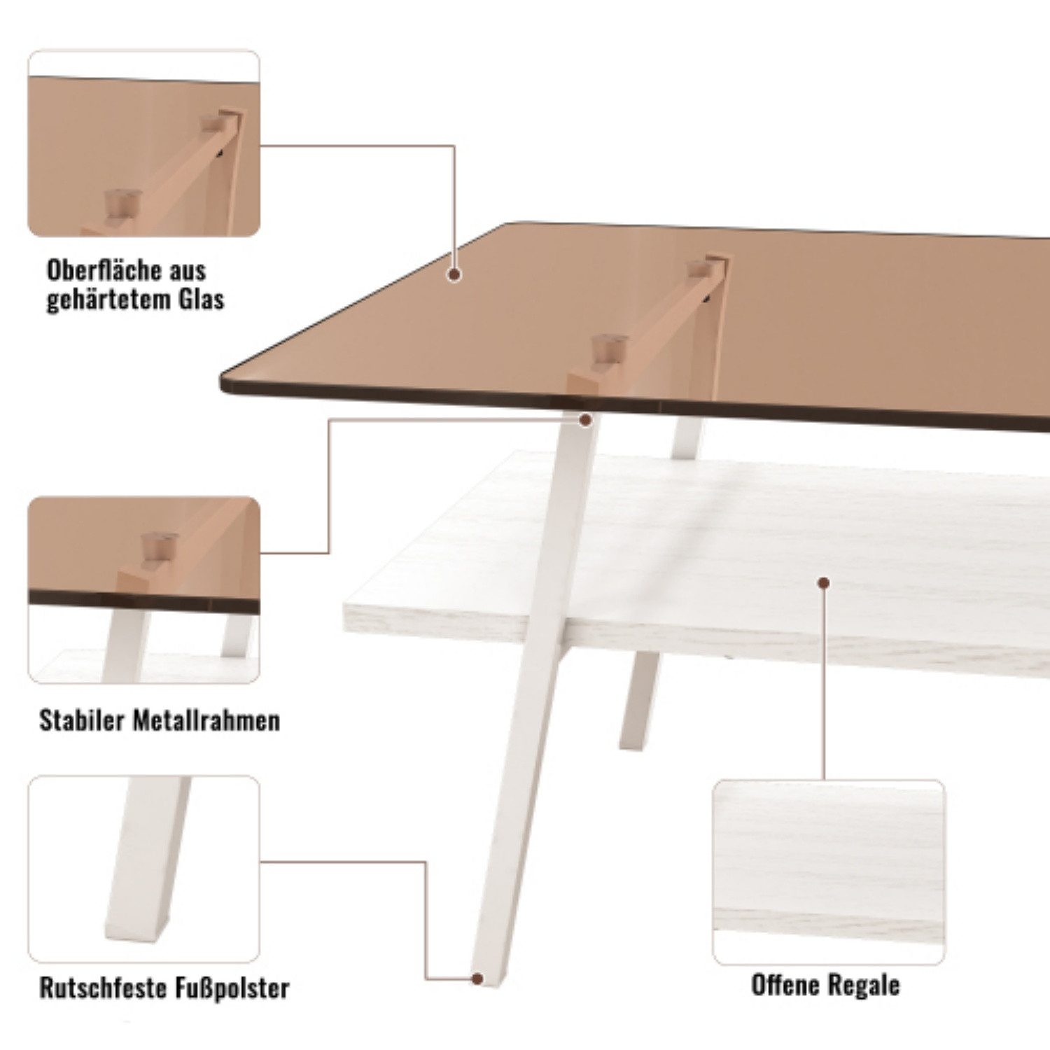 ANYSUN Couchtisch Gehärtete Glasplatte, mit Ablage, rechteckig, fürs Wohnzimmer (1-teilig), Stabile Metallbeine, pflegeleicht & schnell montiert, 98x58x42,5 cm