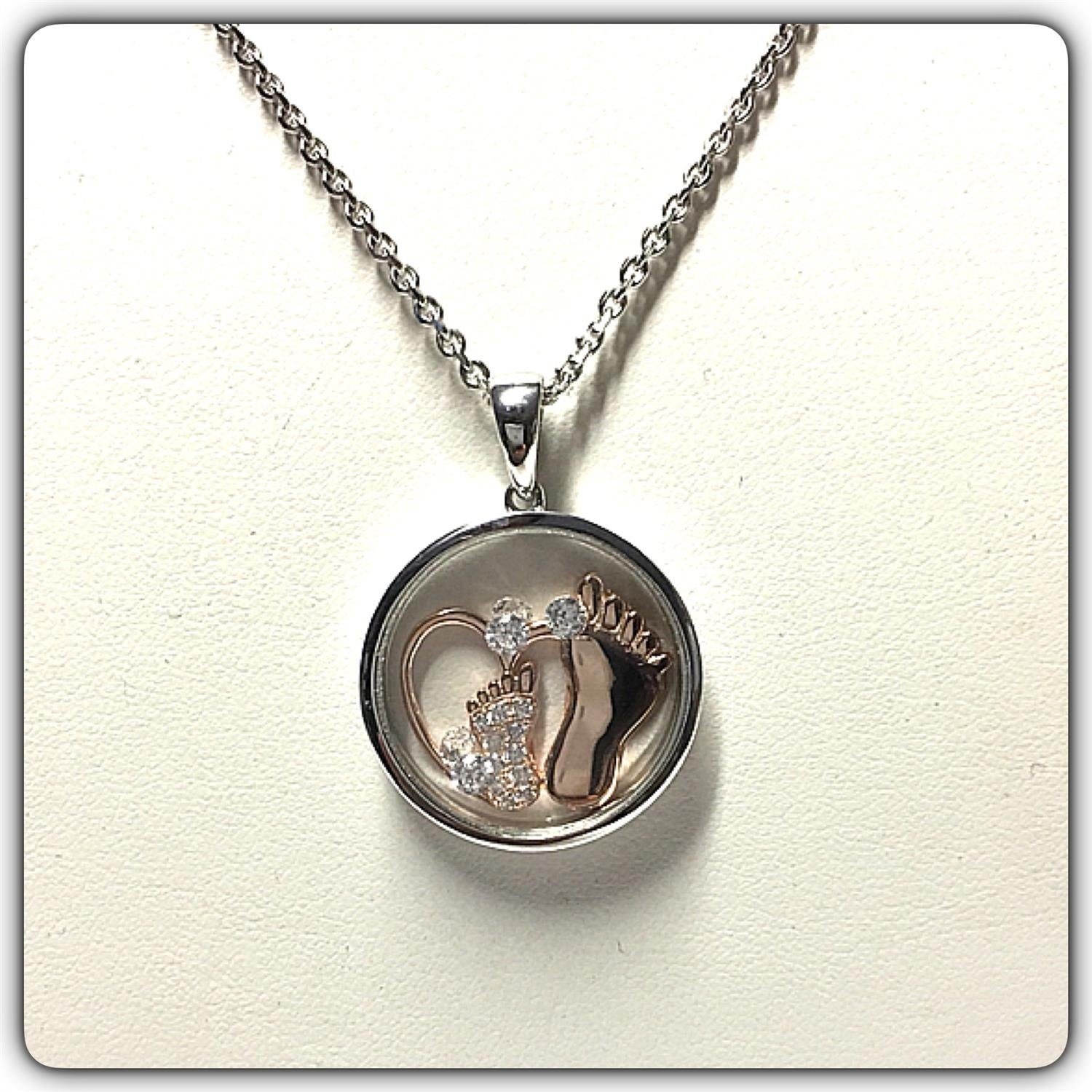 Edelschmiede925 Kettenanhänger Edelschmiede925 Babyfüße unter Glas in 925 Silber bicolor mit Zirk