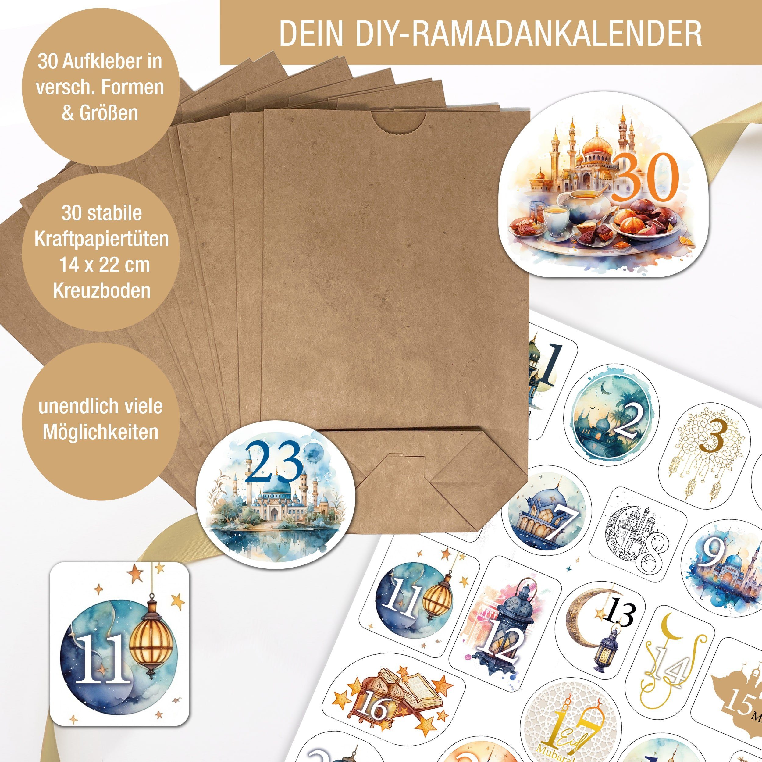 TOBJA befüllbarer Adventskalender Ramadan Kalender Kinder DIY Set - 30  Tüten + Sticker (Set), Ramadan Tüten zum befüllen