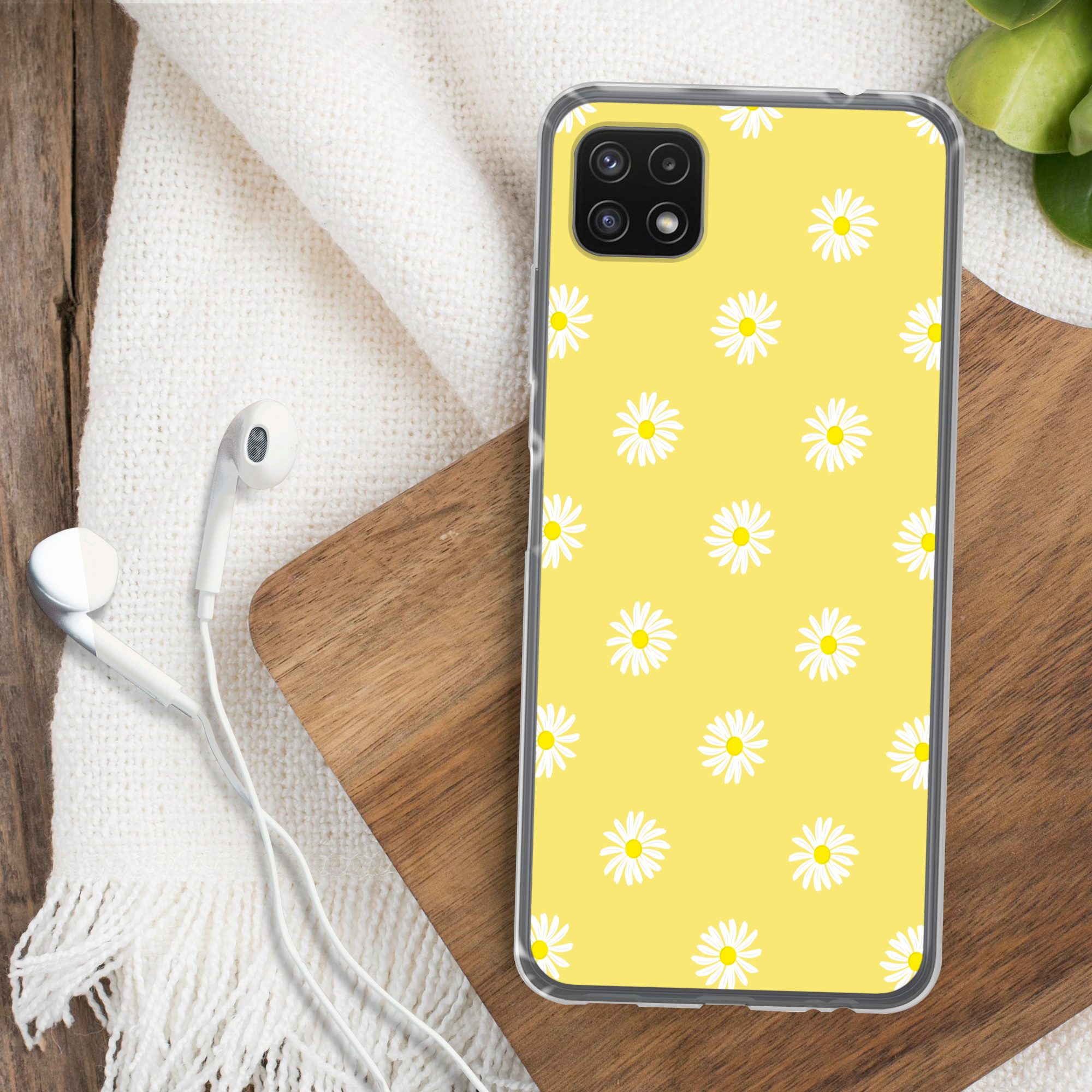 MuchoWow Handyhülle für Samsung Galaxy A22 5G Gänseblümchen - Pastell - Weiß - Gelb - Blum, Smartphone-Bumper, Print, Handy Schutzhülle Dünn
