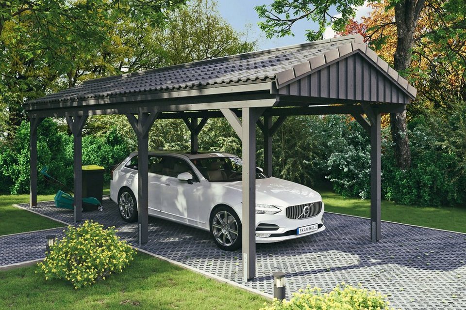 Skanholz Einzelcarport Fichtelberg, BxT: 317x808 cm, 273 cm Einfahrtshöhe,  mit Dachlattung, Satteldach-Carport, farblich behandelt in schiefergrau