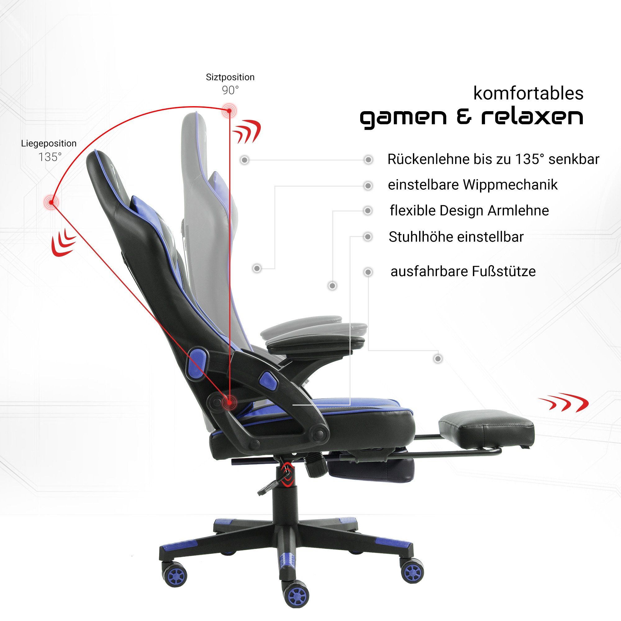 (1 Chefsessel Gaming TRISENS Chefsessel Stück), Racing-Design PC-Stuhl Bürostuhl Chair Schwarz/Blau Armando Fußstütze