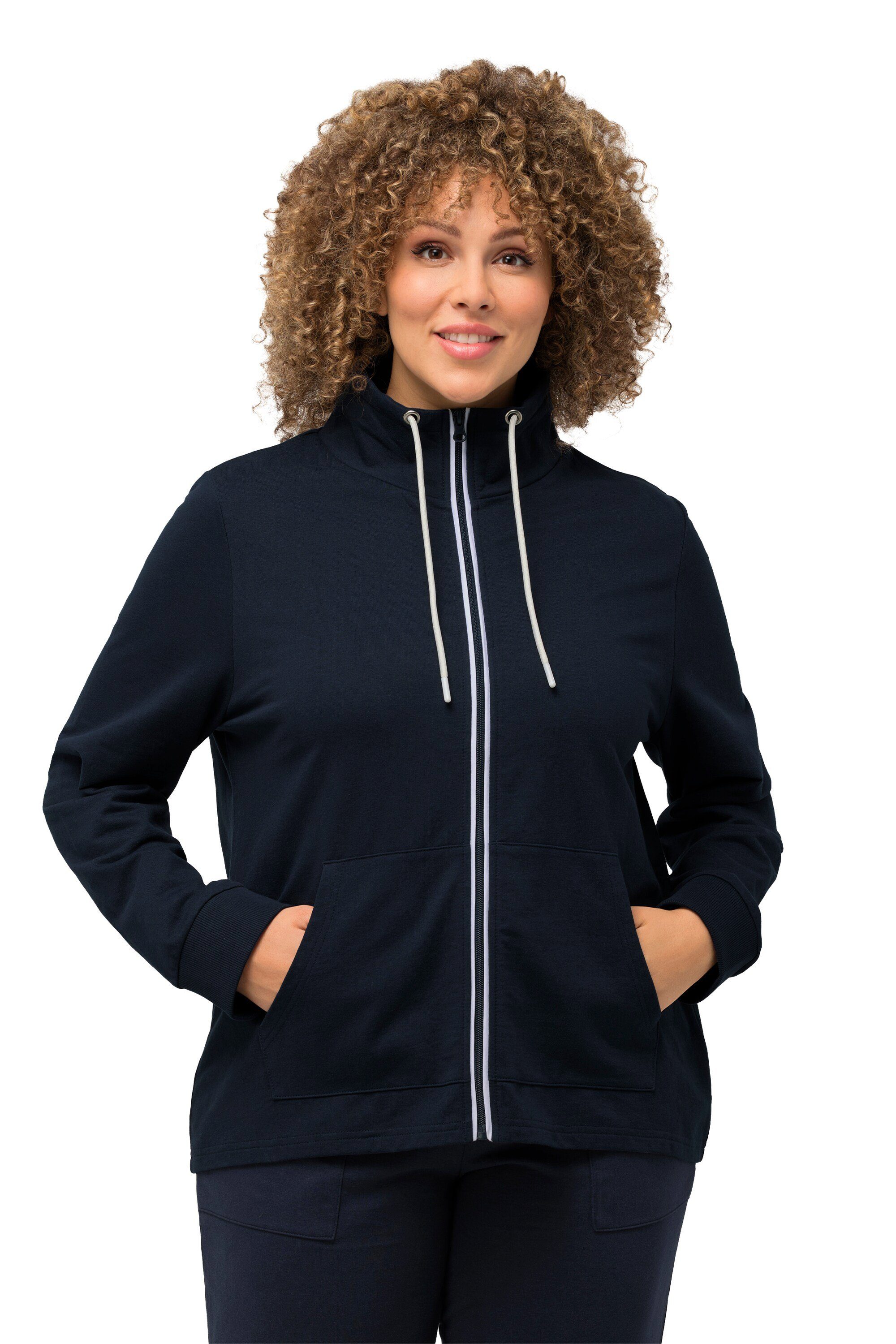 Ulla Popken Sweatjacke Sweatjacke Stehkragen Kängurutasche hinten länger