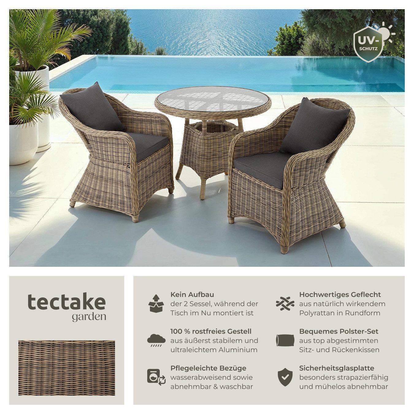 tectake Sitzgruppe Aluminium Rattan Gartenlounge für 2 Personen, Stühle vormontiert, (Loungeset Zürich, 3-tlg., für Außen in Naturfarben), wetterfest und UV-beständig, hochwertig, mit Sicherheitsglasplatte