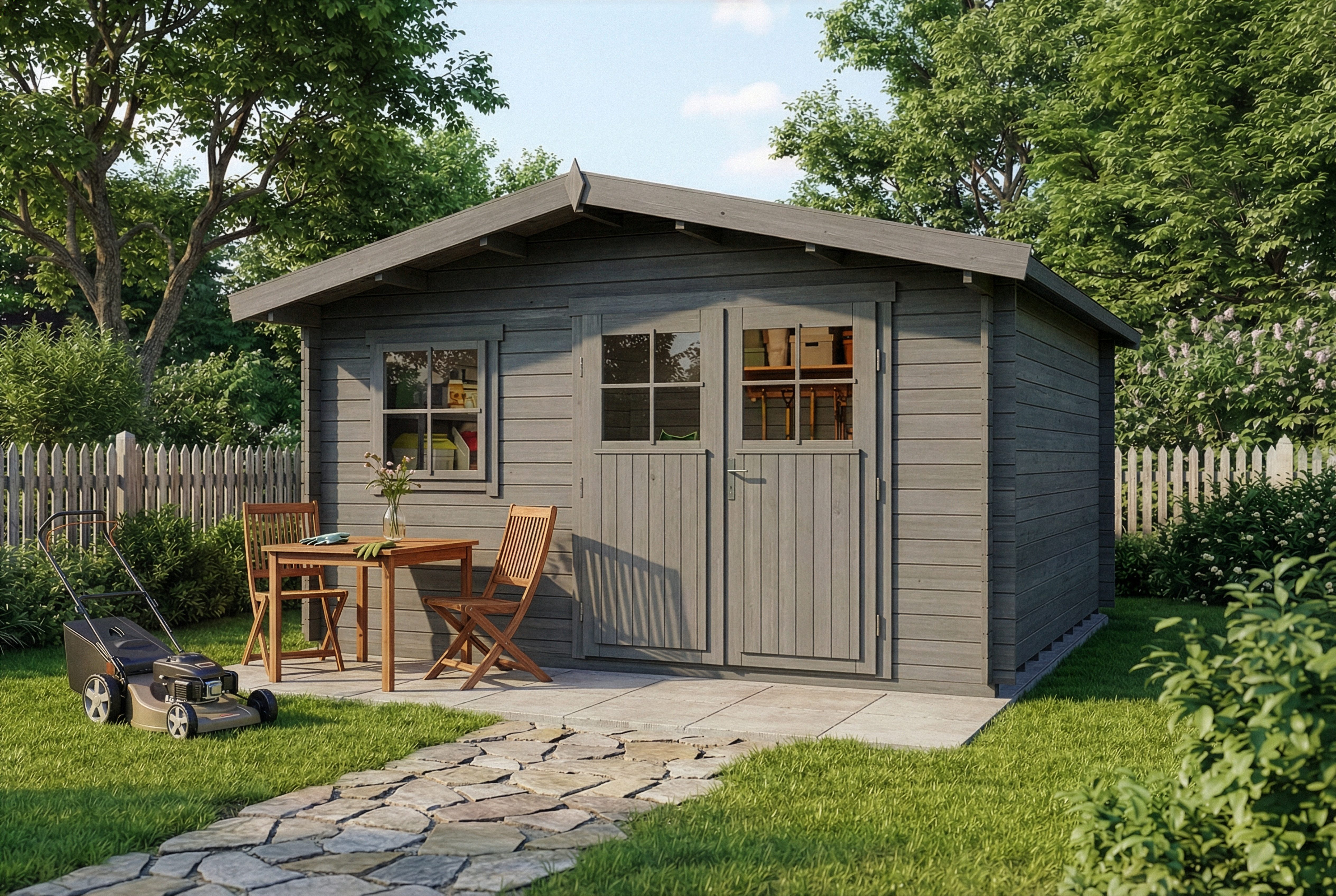 Alpholz Gartenhaus Holz Valeria, BxT: 438x427 cm, in Imprägniert (Grau) Inkl. Fußboden mit 28mm Wandstärke