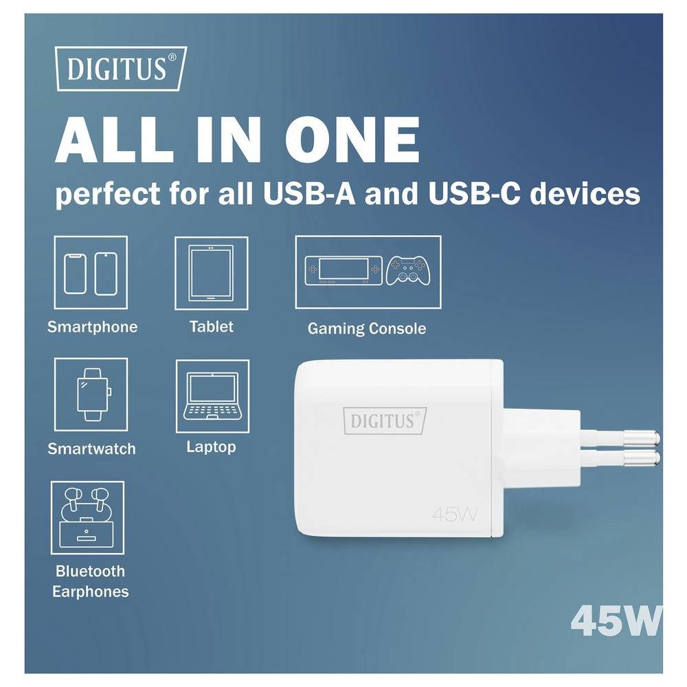 Digitus DA-10302 USB Ladegerät 45 W 1x USB-A, 1x USB-C® Weiß USB-Ladegerät