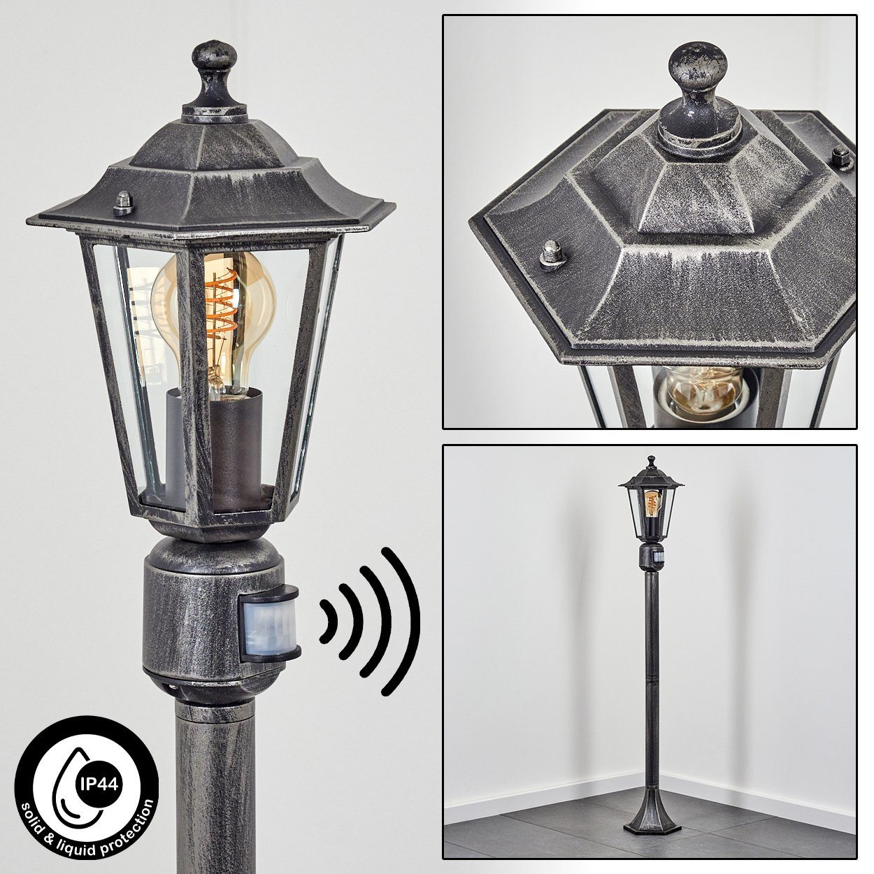 hofstein Pollerleuchte Wegeleuchte m. Bewegungsmelder aus Metall/Glas in Schwarz-Silberfarben, ohne Leuchtmittel, Außenleuchte, Gartenlampe, IP44, 1x E27, ohne Leuchtmittel