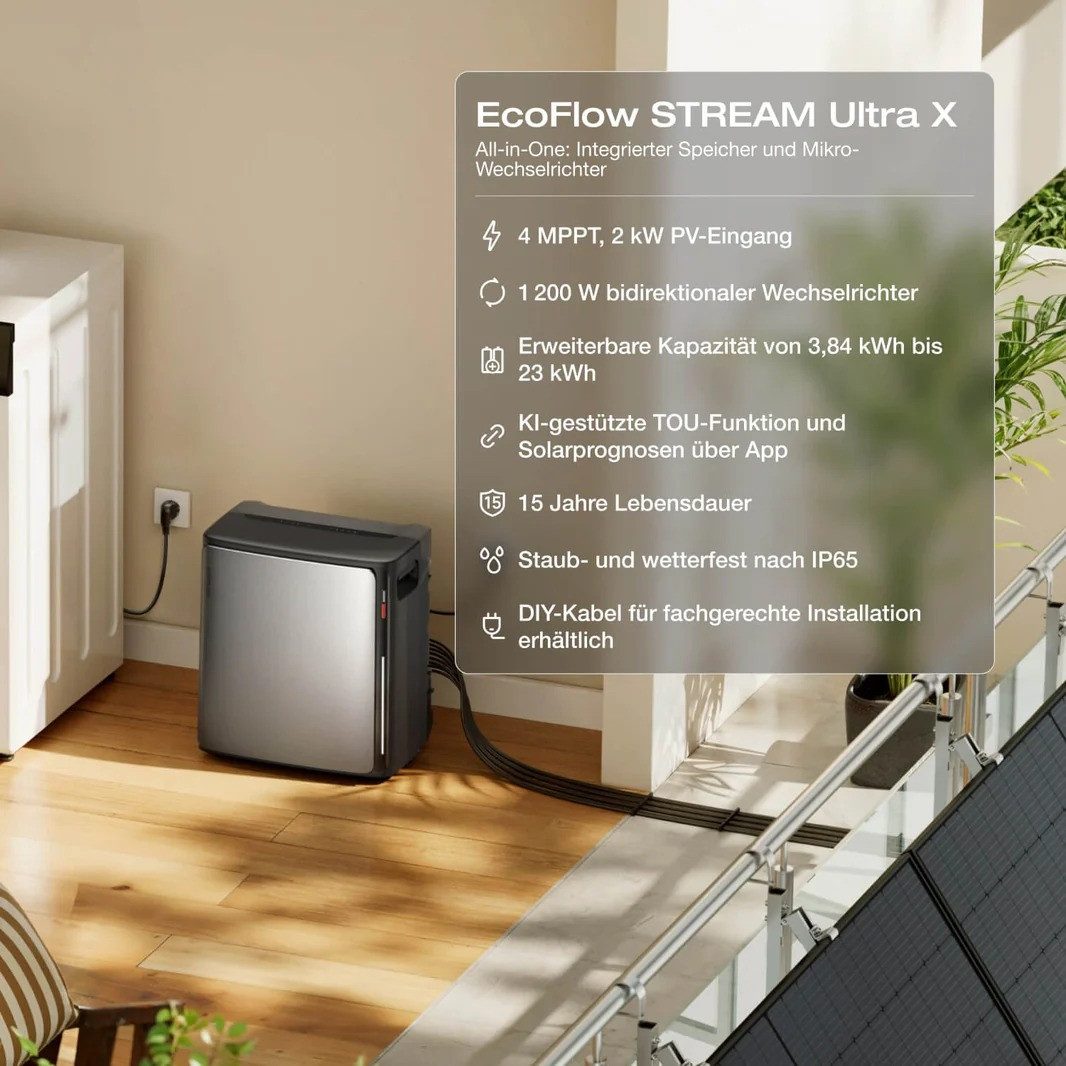 Ecoflow Balkonkraftwerk ECOFLOW STREAM Ultra X 3,84kWh All in One Speicher für Balkonkraftwerk, (2300W Dual AC-Anschlüsse), 4 MPPT Solareingang mit integriertem Mikro-Wechselrichter