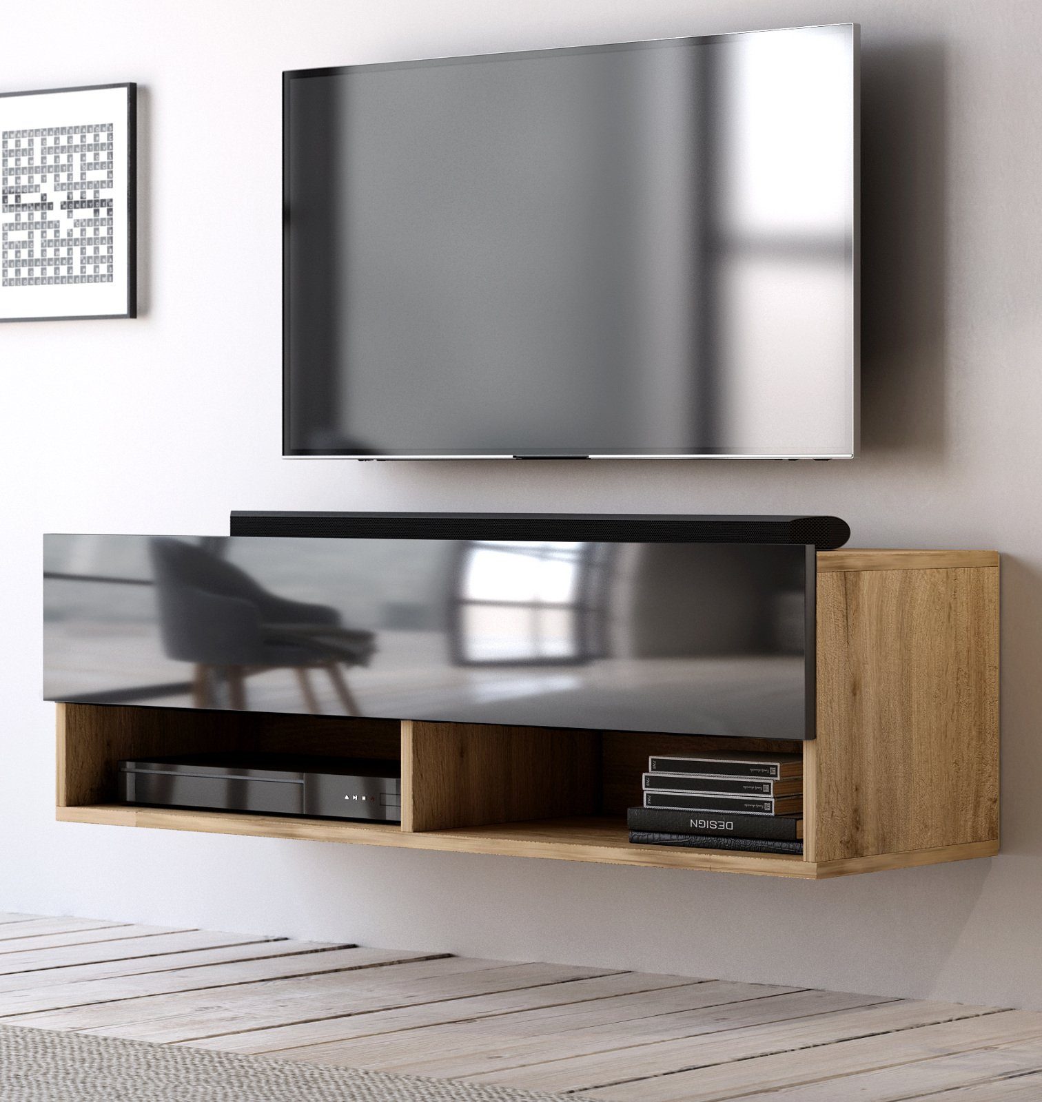 GuenstigEinrichten Lowboard Epsom (Flat-TV Board in Wotan Eiche und weiß oder schwarz Hochglanz, 100 cm), hängend