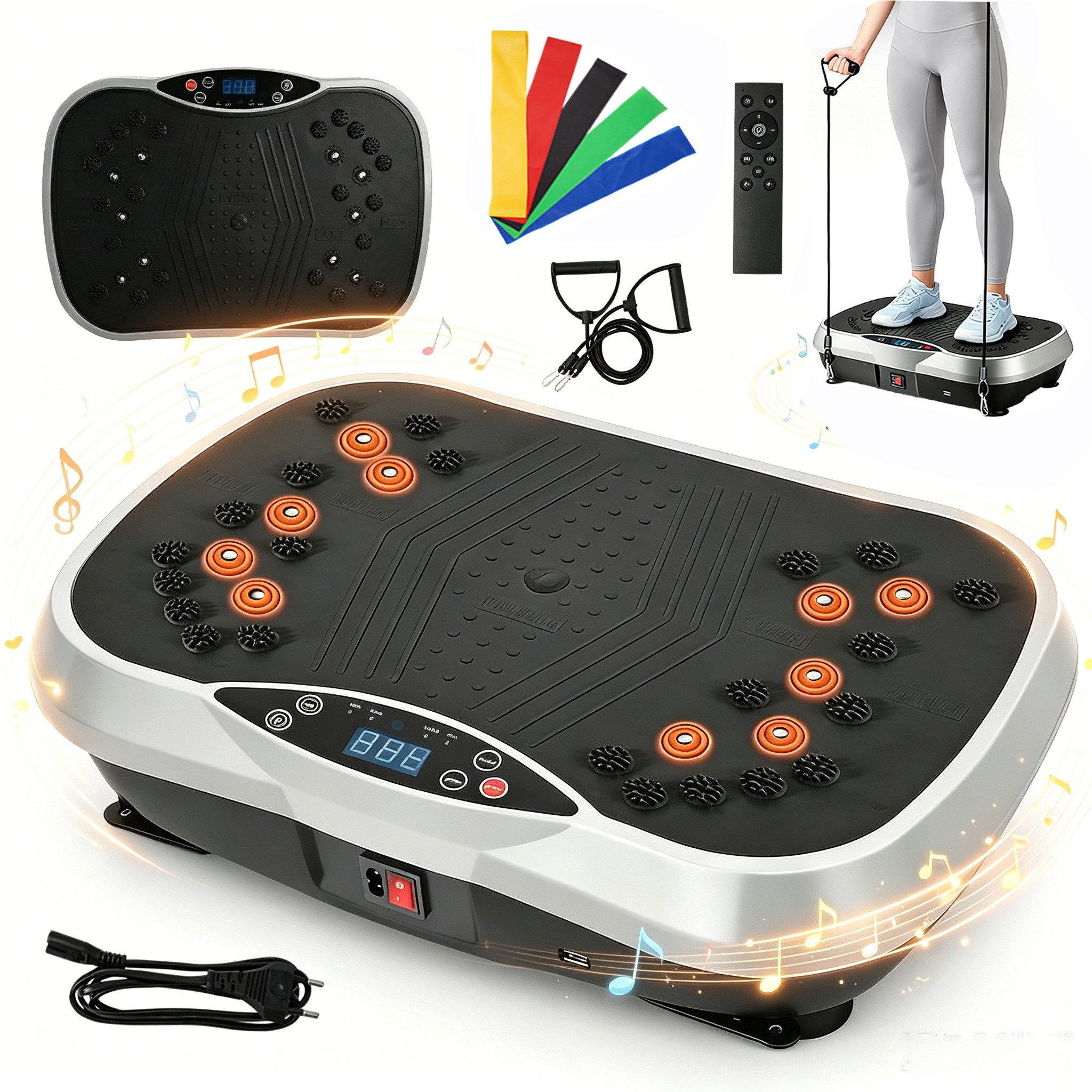 AKKEE Vibrationsplatte Trainingsgerät, 200 Intensitätsstufen 3 Trainingsprogramme, 200 W, mit 5 Yogagurte Intelligentes LCD-Display