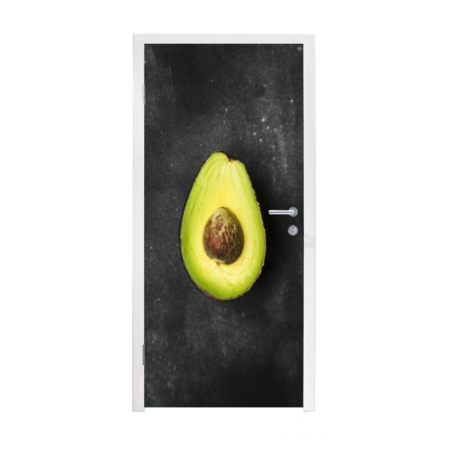 MuchoWow Türtapete Einsame Avocado auf einem schwarzen Tisch, Matt, bedruckt, (1 St), Fototapete für Tür, Türaufkleber, 75x205 cm