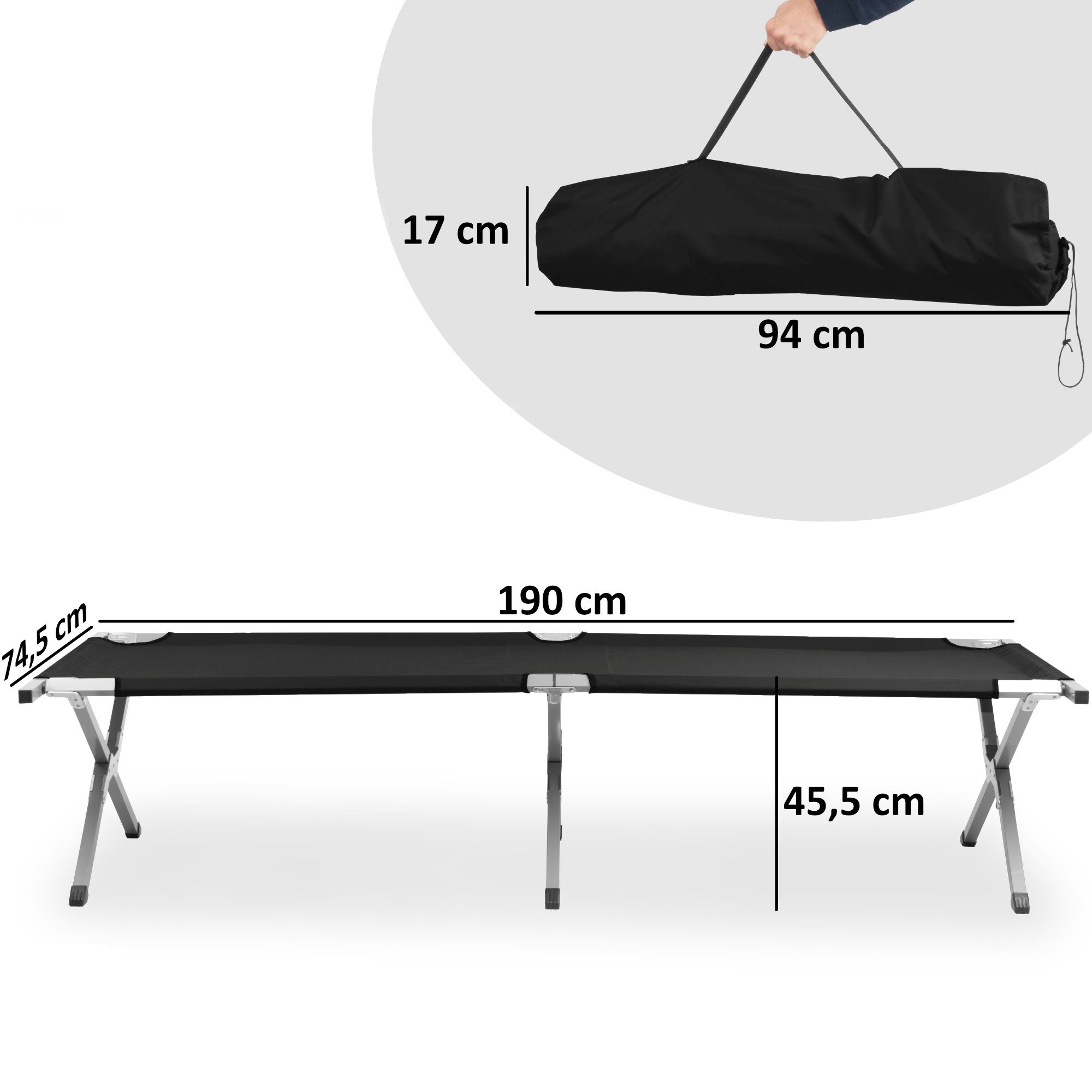 CampFeuer Gartenliege Feldbett mit Tragetasche, Schwarz, Belastbar bis 180kg