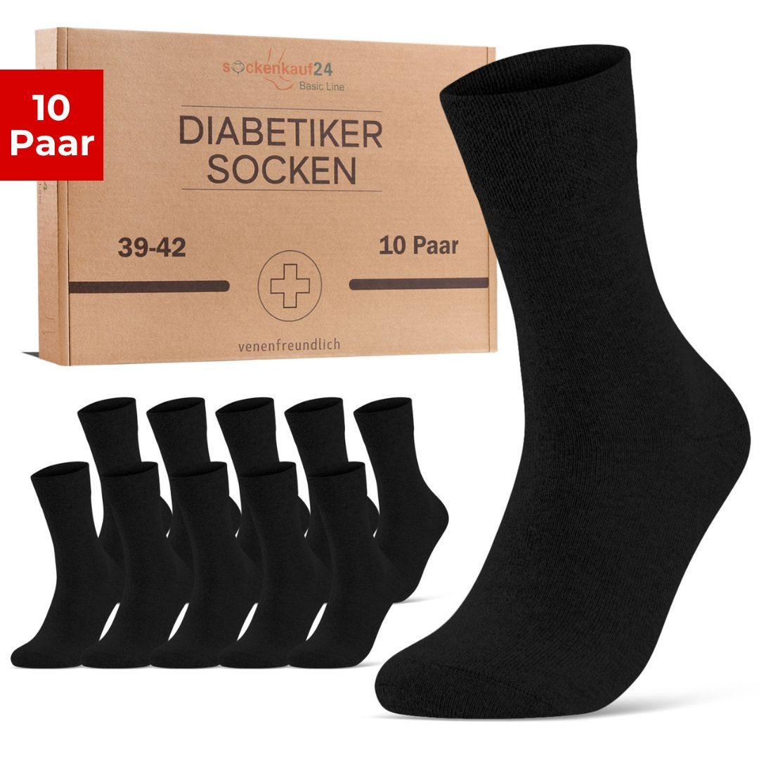 sockenkauf24 Diabetikersocken ohne Gummibund & ohne Naht aus Baumwolle (10-Paar) Diabetiker Socken mit Komfortbund ohne Gummi für Damen & Herren