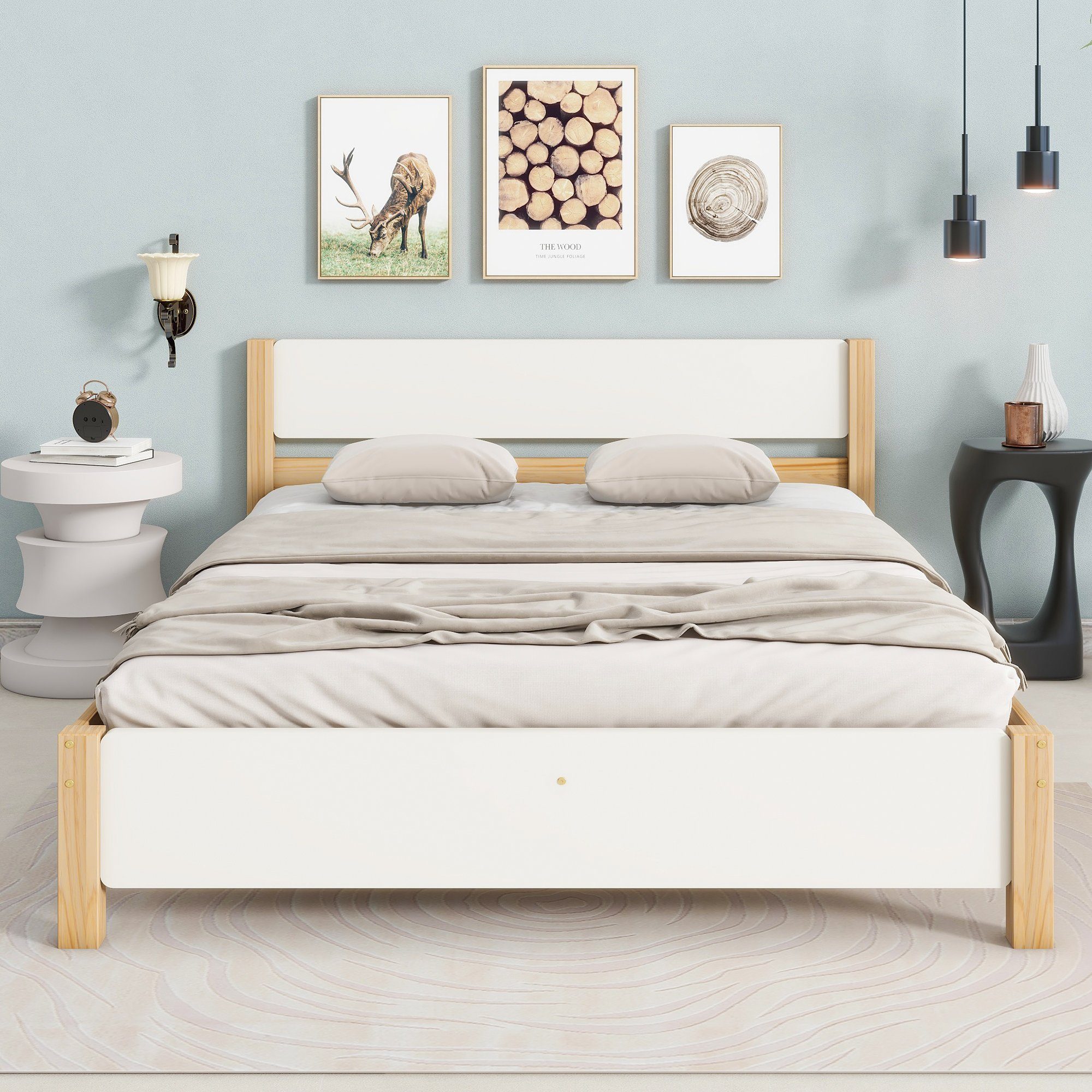 OKWISH Holzbett Kinderbett Jugendbett (mit Kiefernholzrahmen und Mittelfuß, Holzbett für Jugend & Erwachsene, Kopf- und Fußteil aus MDF, 140x200 cm), ohne Matratze