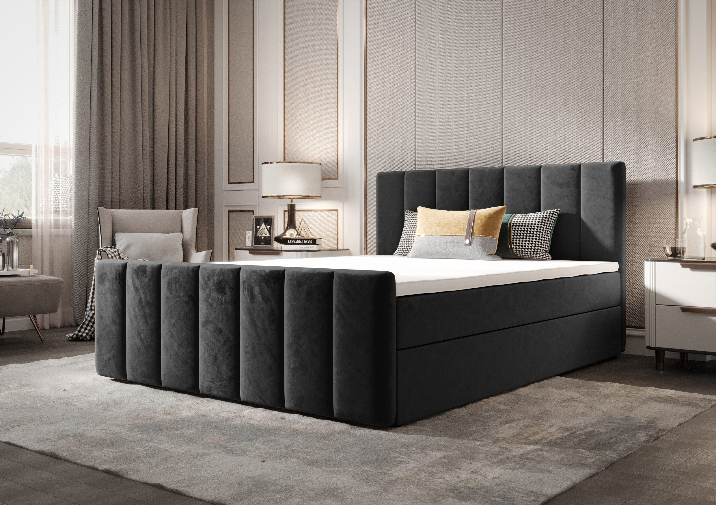 B&B Home Boxspringbett Adelon II (H3 Multipocket-Matratze, Kopfteil, Bettkasten und Topper)