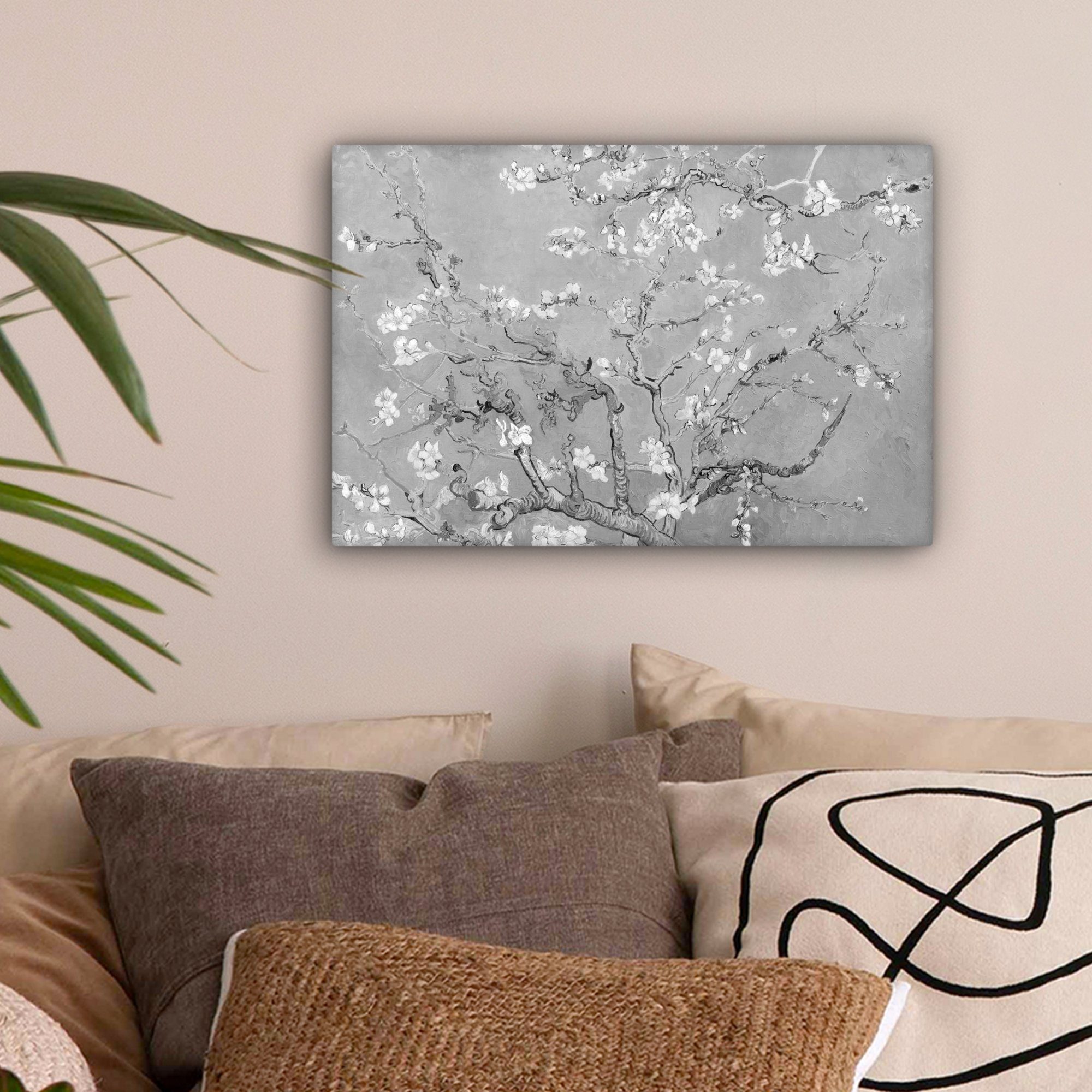 OneMillionCanvasses® Leinwandbild Mandelblüte - Kunst - Van Gogh - Grau, Fotodruck (1 St), Leinwand Bilder Klein, Wand Dekoration Aesthetic 30x20 cm