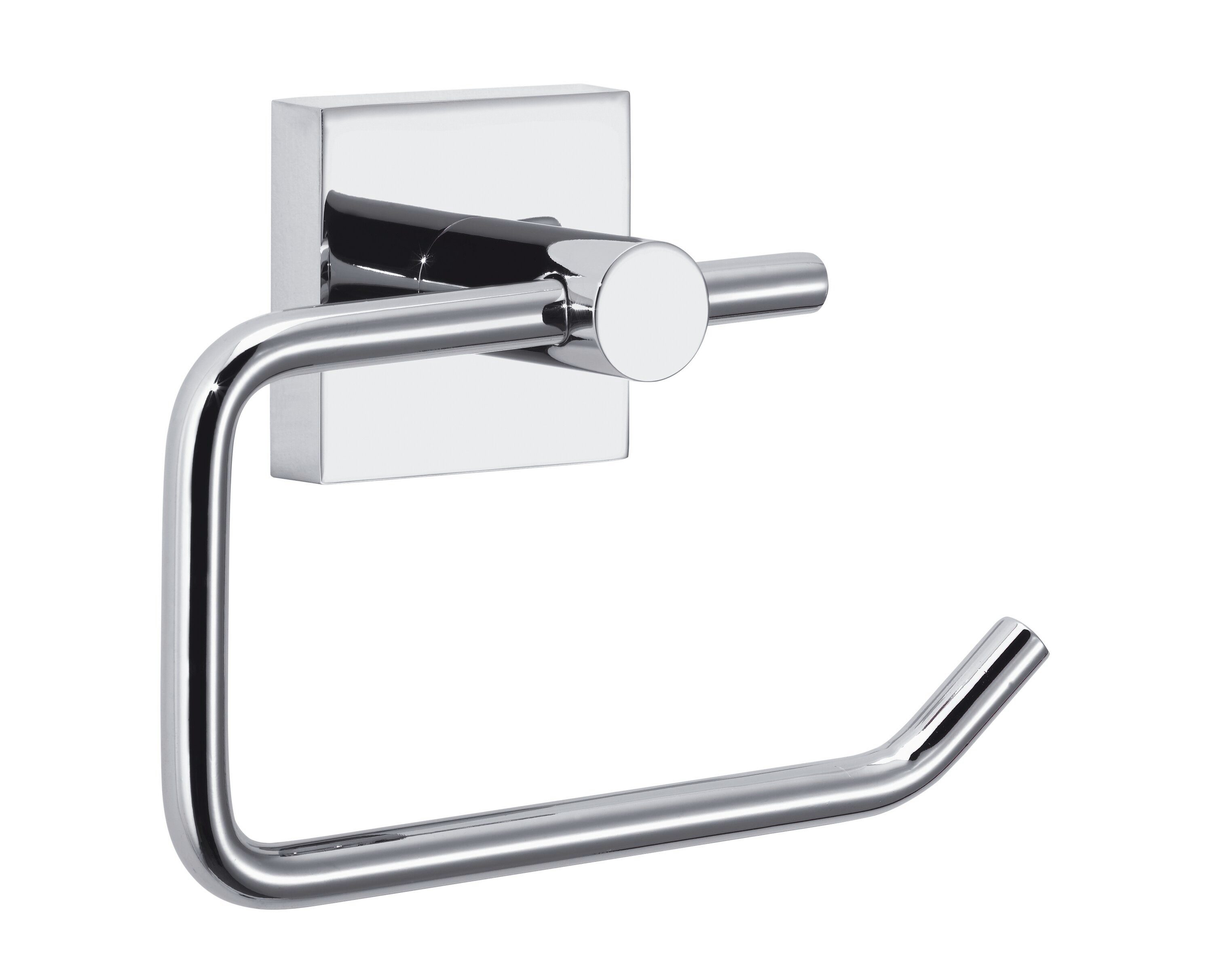 tesa Toilettenpapierhalter EKKRO Toilettenrollenhalter ohne Bohren - 11 cm : 13,3 cm : 4,7 cm (Packung, 1-St., inkl. Klebelösung), selbstklebender WC-Rollenhalter - chrom - silber glänzend