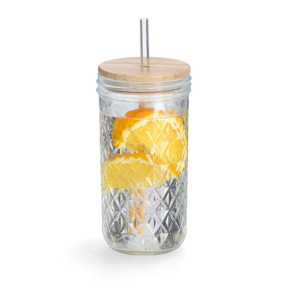 Zeller Present Glas Trinkglas mit Metallstrohhalm und dichtem Bambusdeckel, 580 ml, Glas