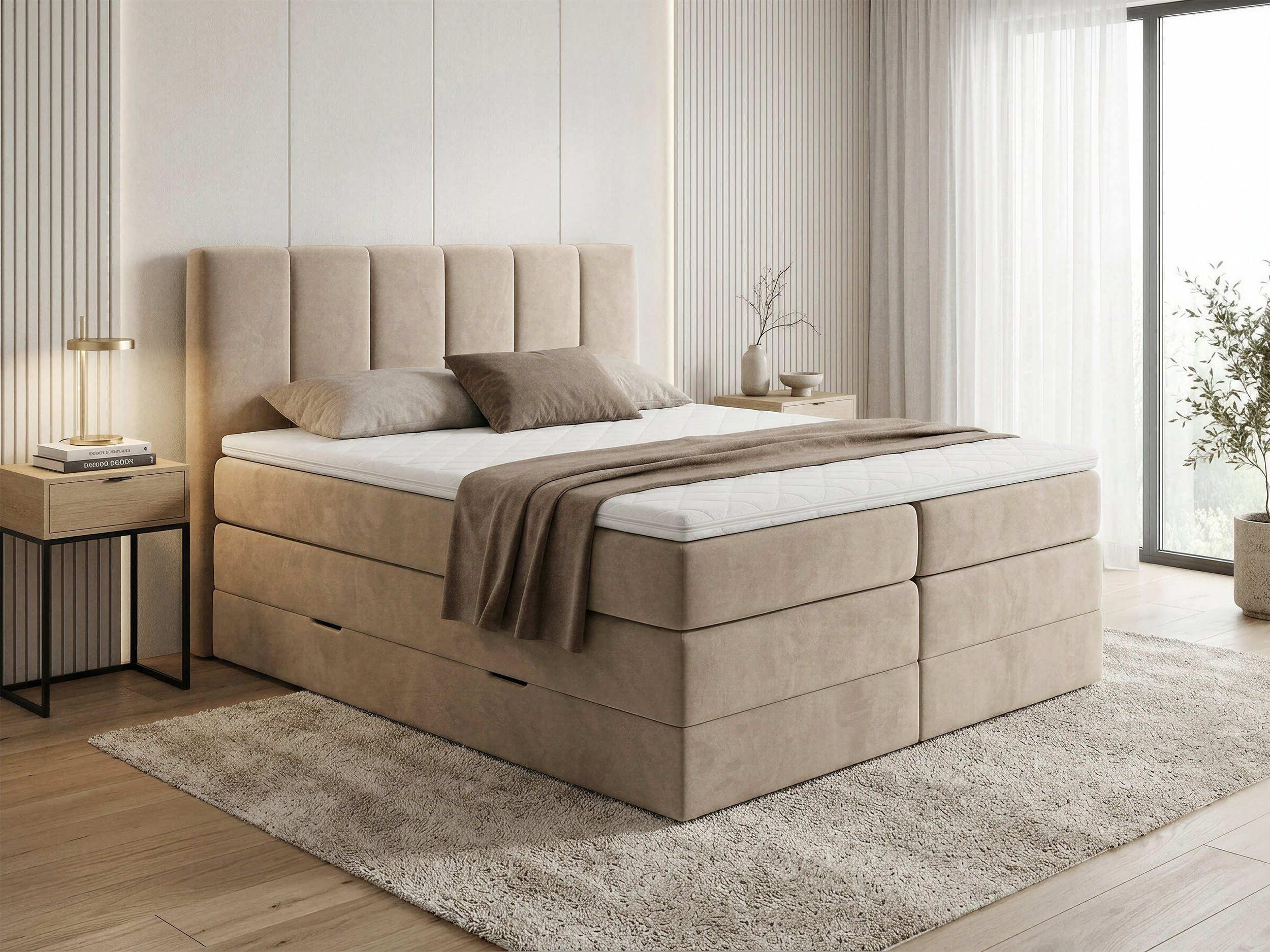 Sofnet Boxspringbett Star XL (2x Bettkästen, Bonellfederkern- und Taschenfederkernmatratze, Topper), Polsterbett, Doppelbett, Velours, mit Kopfteil, 140/160/180x200 cm