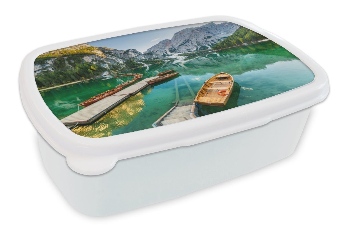 MuchoWow Lunchbox Alpen - See - Boot, Kunststoff, (2-tlg), Brotbox für Kinder und Erwachsene, Brotdose, für Jungs und Mädchen weiß