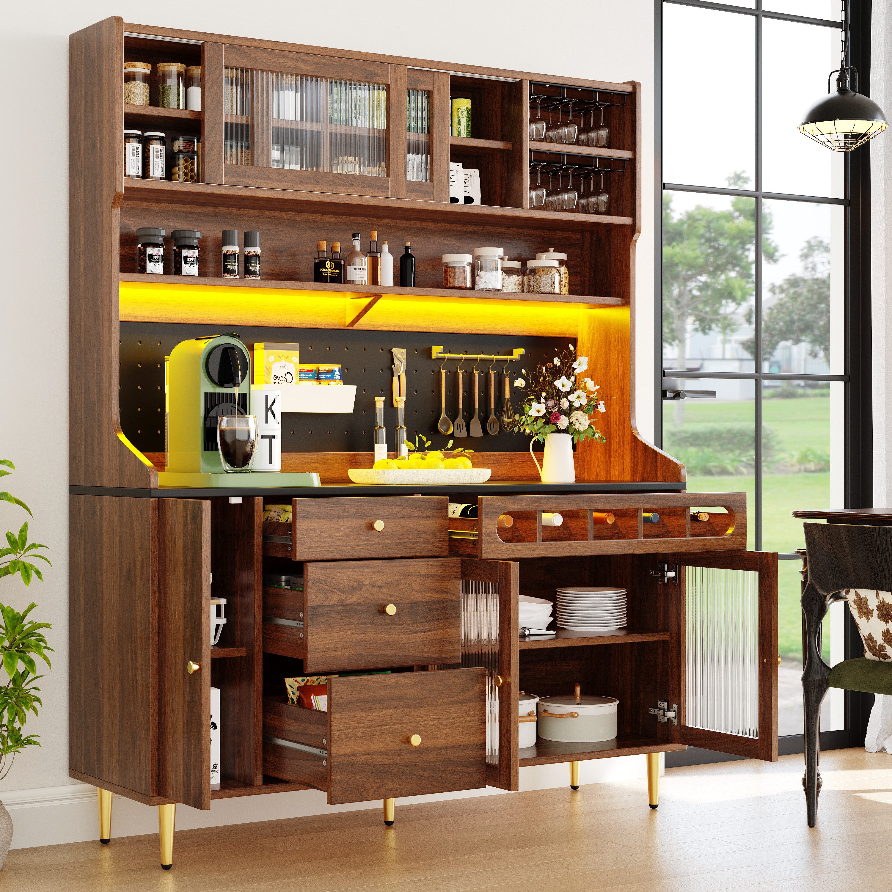 MODFU Hochschrank Küchenschrank mit App-LED (Weinregal & höhenverstellbaren Böden – Küche & Wohnzimmer für Familien & Weinliebhaber, 1-St., 145*39*171cm)